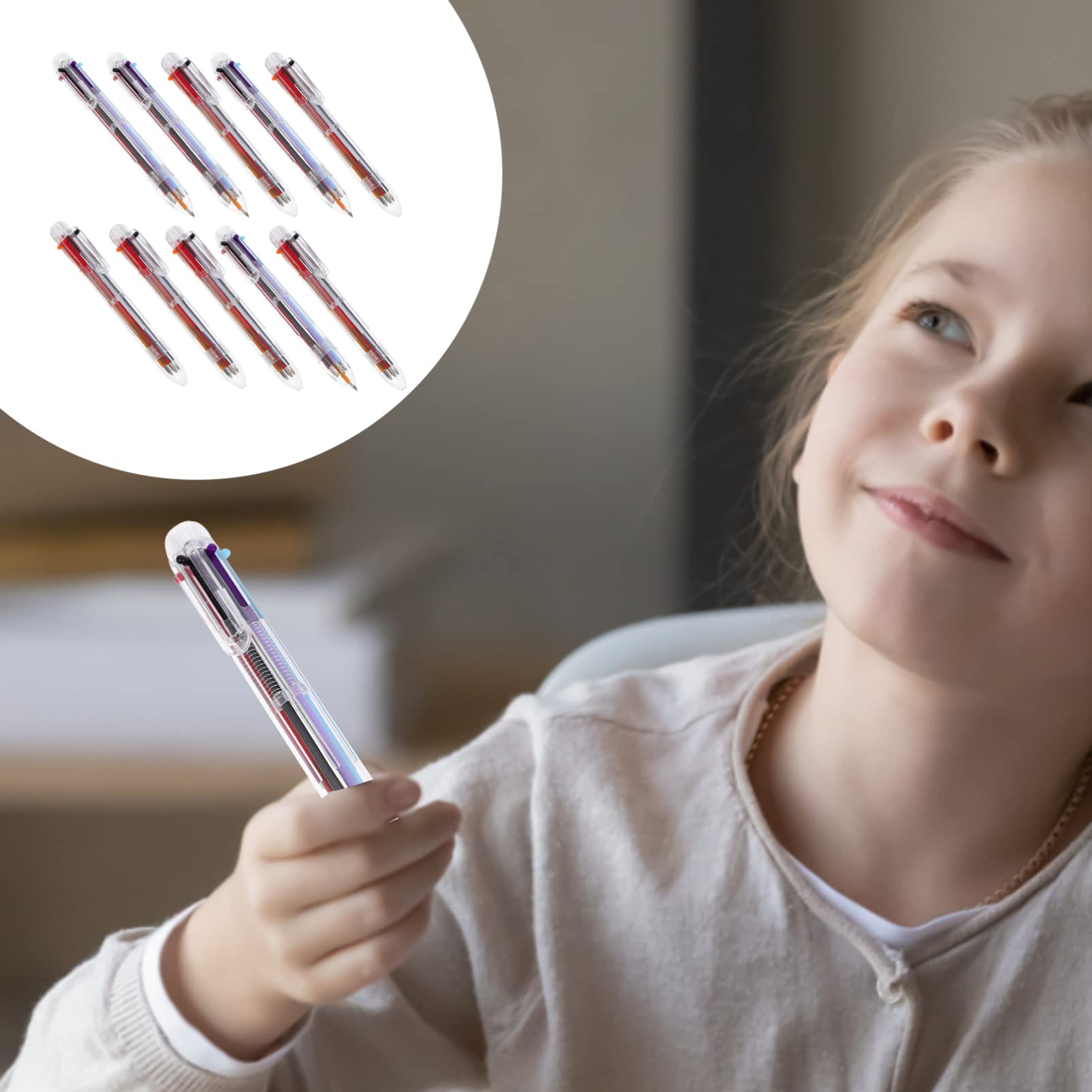 STOBOK 6-in-1 Multicolor Ballpoint Pen Set - 10 Pack Transparent Kawaii Pens with 6 Vibrant Colors for School, Office & Journaling - Cute Stationery Supplies for Note Taking, Drawing & Gift Giving