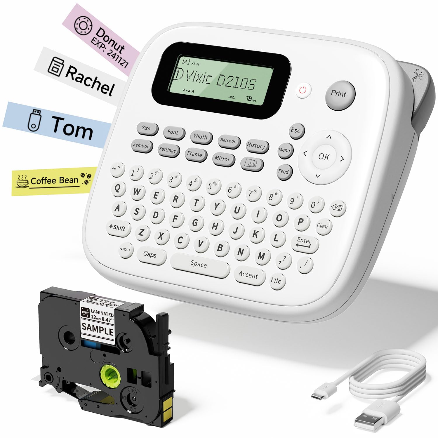 D210S Portable Label Maker Machine with Keyboard & USB-C Cable - Waterproof Label Printer for Home, Office, School Organization - Create Custom Labels for Storage, Files, Pantry & More