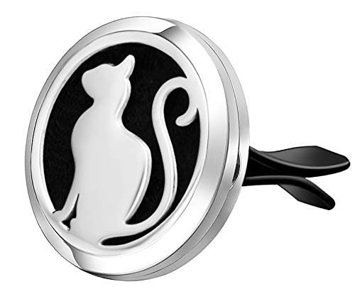 Wild Essentials Pretty Kitty Cat Essential Oil Car Vent Diffuser - Stainless Steel Locket Pendant with 12 Color Refill Pads | Customizable Color Changing Air Freshener for Aromatherapy | Perfect for Cars, Home & Office Use