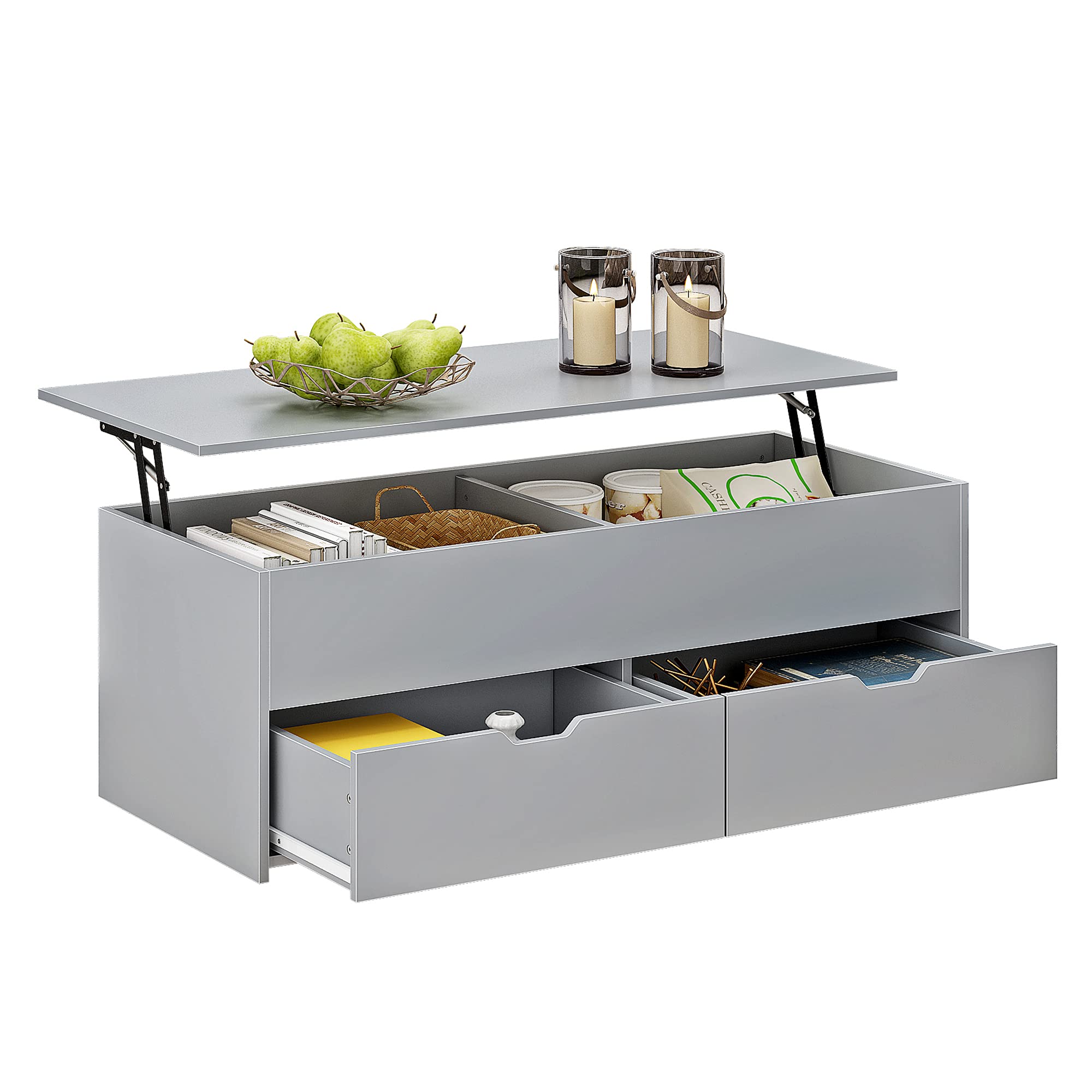 Modern Lift Top Coffee Table with Storage Drawers & Hidden Compartment - Contemporary Wooden Lift Tabletop Cocktail Table in Grey - Perfect for Living Room, Office & Small Spaces