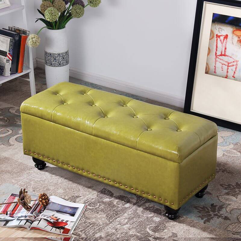 Water Resistant Stitch Tufted Upholstered Storage Ottoman with Nailhead Trim - Green/Peony/Butter Color, Modern Style with Legs - Perfect for Living Room, Bedroom & Home Office Organization