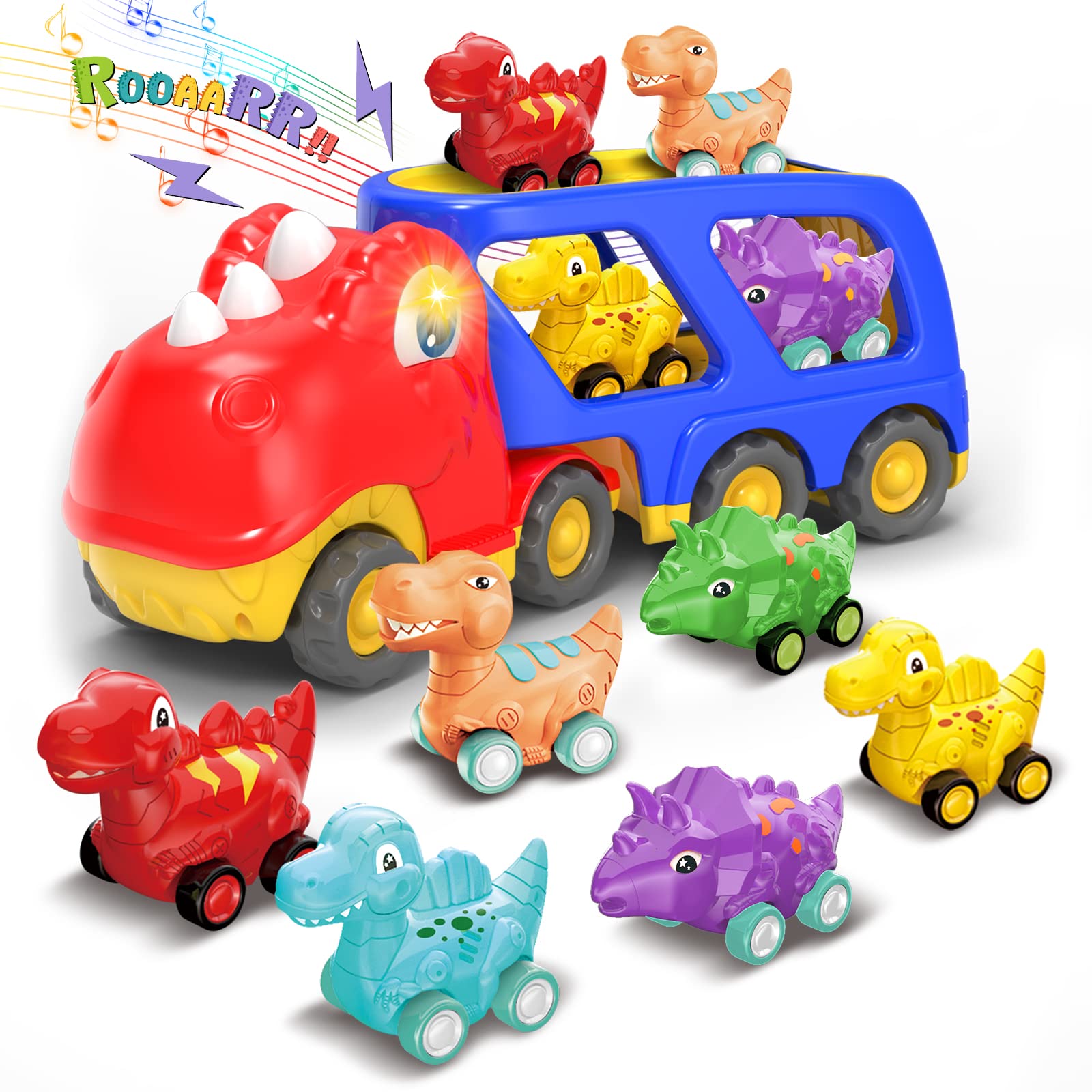 7-in-1 Dinosaur Transport Truck Toy with Lights & Sounds - Pull Back & Friction Powered Vehicles for 1-3 Year Old Boys & Girls - 6 Pack Dino Cars Set - Perfect Christmas Birthday Gift for Toddlers - Great for Pretend Play, Learning Colors & Motor Skills Development