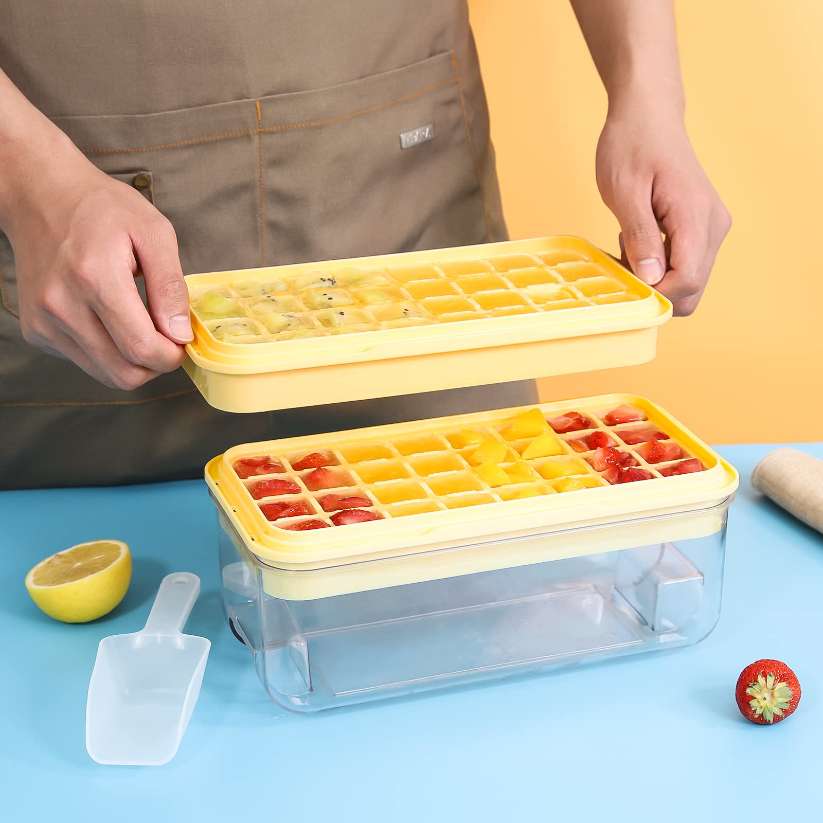PHINOX Ice Cube Tray with Lid & Storage Bin - 2 Pack Flexible Silicone Freezer Trays Makes 64 Perfect Cubes for Cocktails, Whiskey, Coffee - BPA Free Ice Maker with Scoop & Cover for Home Bars, Parties & Everyday Use