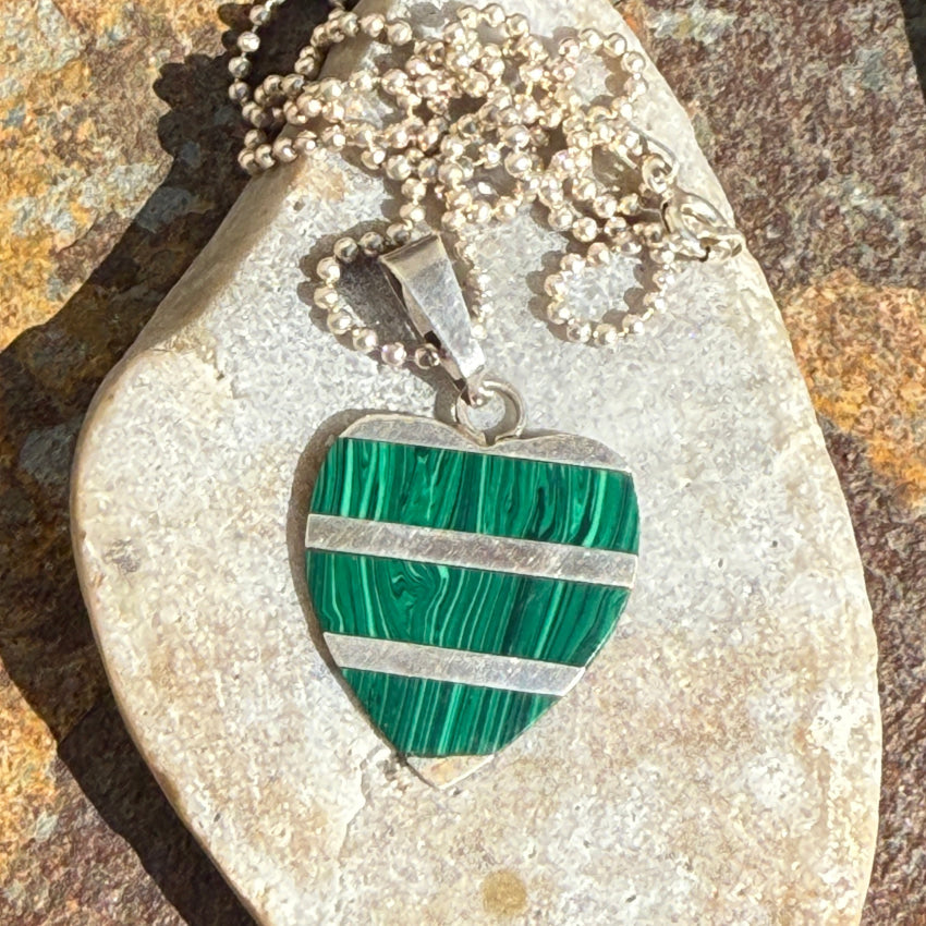 Sterling Silver Channel Inlay Malachite Heart Pendant Necklace - Elegant Jewelry Gift for Women, Perfect for Valentine's Day, Anniversary & Special Occasions
