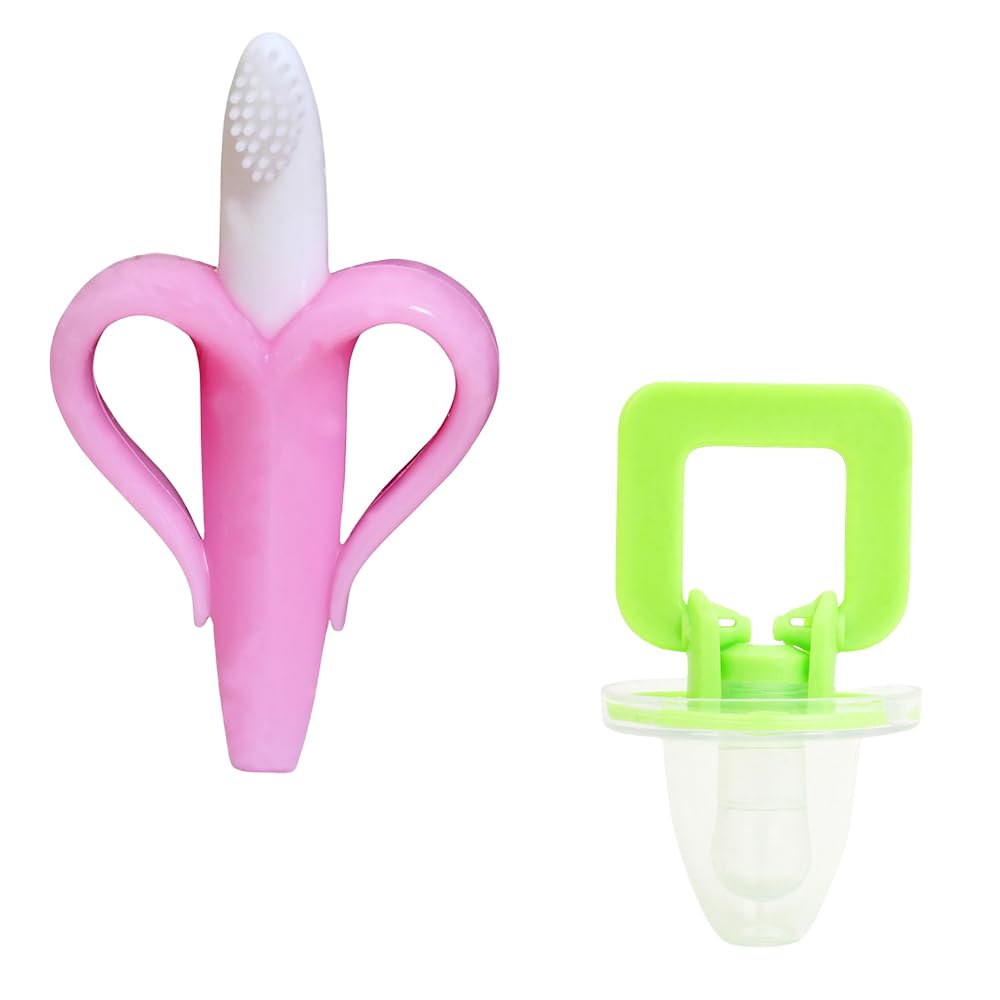 Kritiu Banana Shape Baby Brush & Pacifier Set - Soft Silicone Teething Toy for Infants | BPA-Free, Non-Toxic & Easy to Clean | Perfect for Soothing Sore Gums & Oral Care (Pink & Green) | Ideal for Newborns, Travel & On-the-Go Parenting
