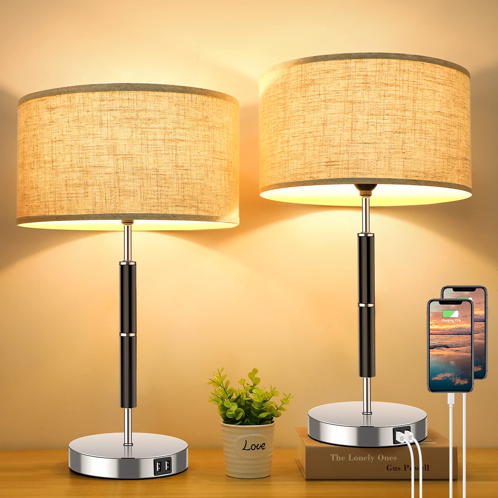 2-Pack Tall Table Lamps with Dual USB Ports & Touch Dimmable Function - 23 Inch 3-Way Bedside Lamps with Beige Linen Shades - Cream Nightstand Reading Lights for Bedroom, Living Room & Hotel Decor (Includes Warm White Bulbs) - Perfect for Reading, Working & Creating Cozy Ambiance