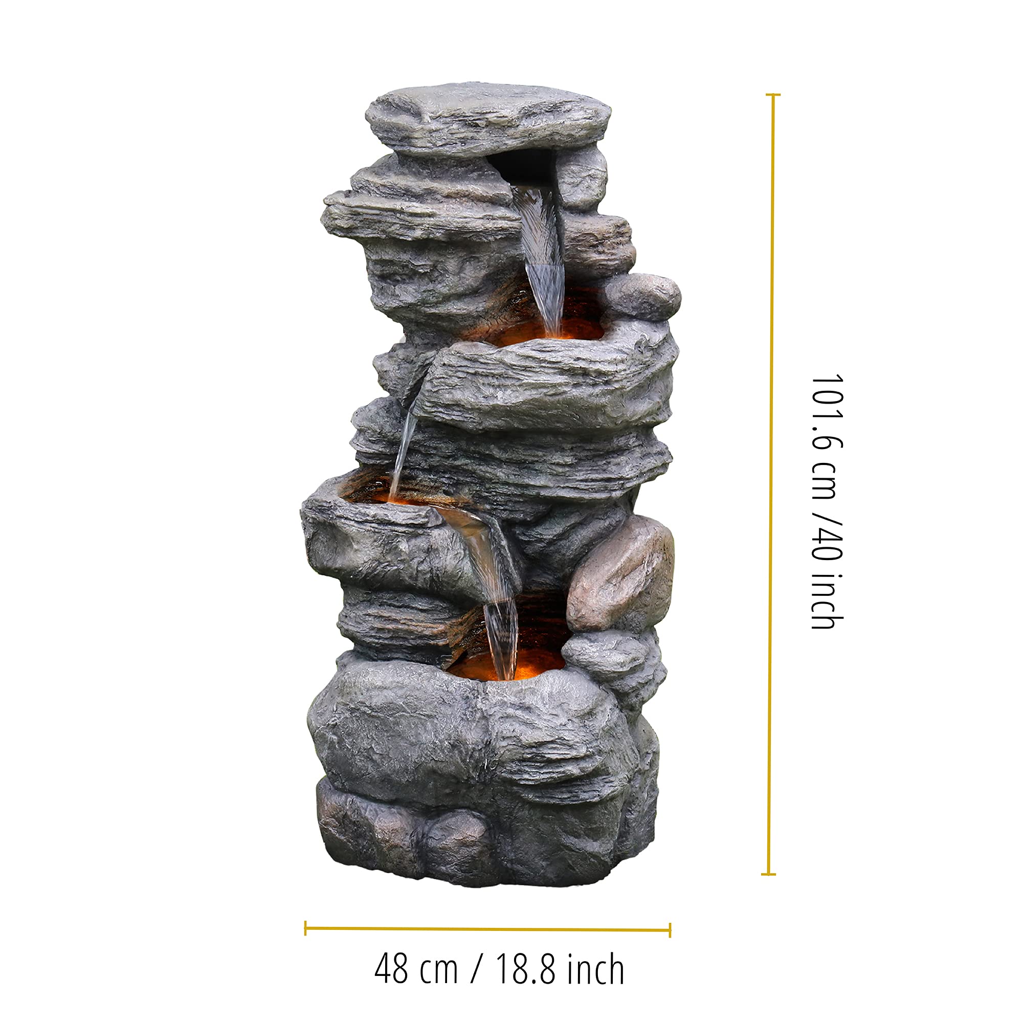 Teamson Home 39.37 Inch Outdoor Gray Faux Stacked Stone 4-Tier Water Fountain with LED Lights and Pump - Perfect for Garden, Patio, and Backyard Decor