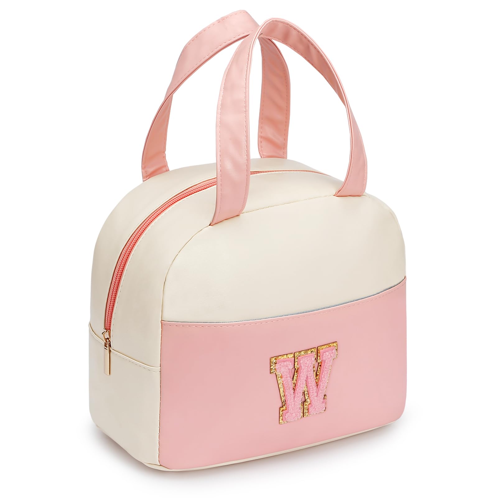 DIRGEE Insulated Lunch Bag for Women & Men - PU Leather Office Lunch Box with Chenille Letters, Leakproof & Freezable Cooler Bag, Reusable Portable Meal Container for Work, School & Picnics