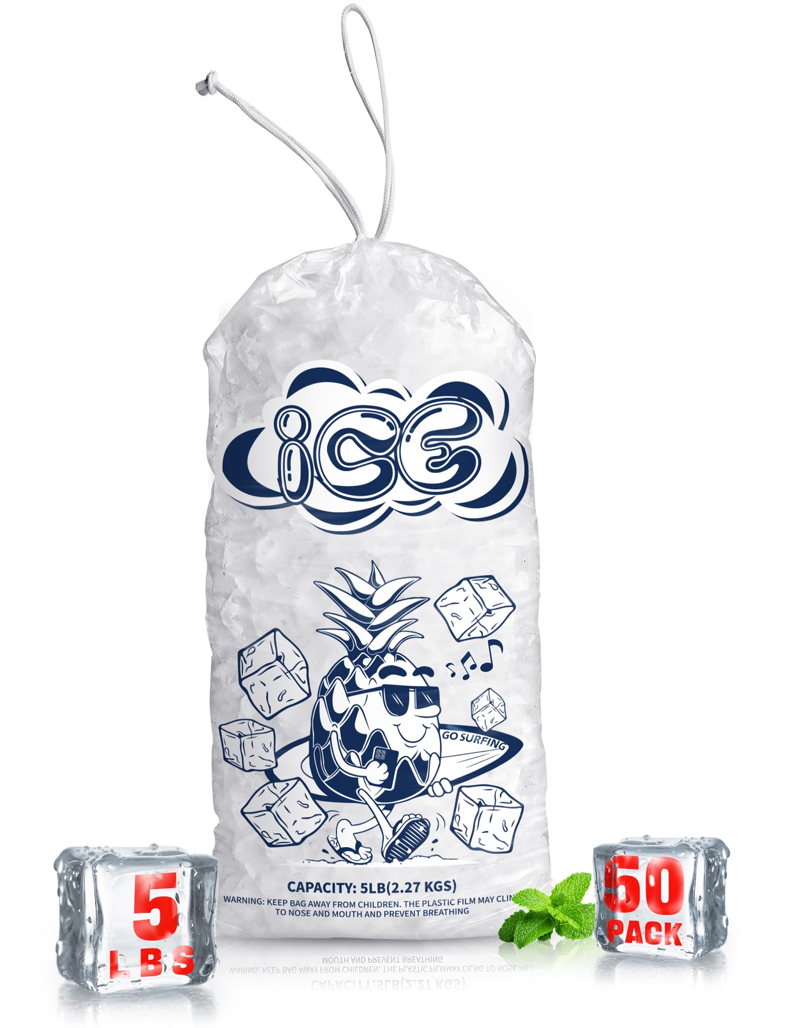 50 Pack 0.5 lb Heavy-Duty Ice Bags with Drawstring - 2 Mil Thick Ice Machine Bags for Commercial Use, Party Coolers & Fishing Trips