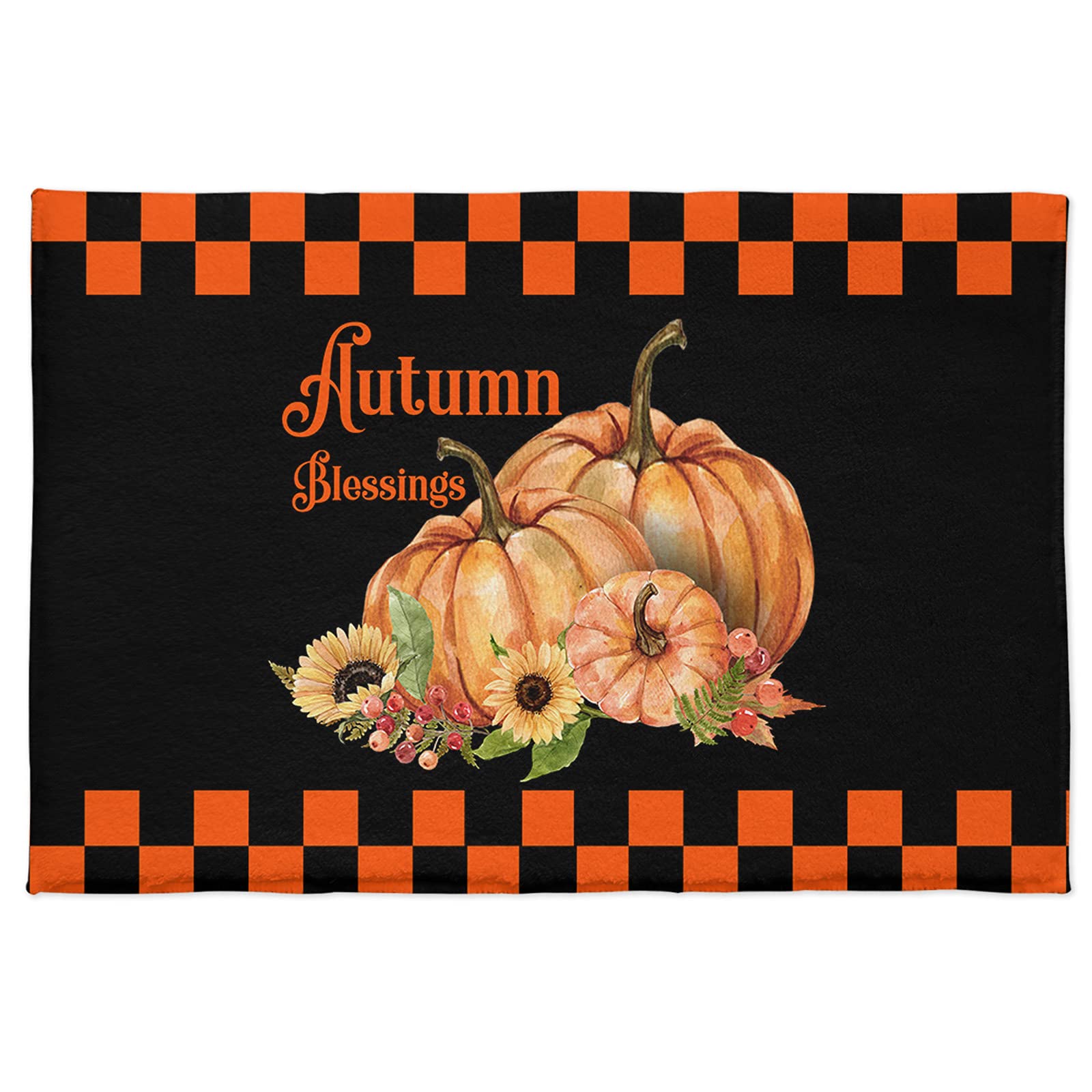 Soft Fluffy Shag Bath Rugs - Non-Slip Plush Doormat for Living Room, Bedroom & Kitchen Entryway - Thanksgiving Pumpkin Sunflower Design in Black Orange Buffalo Check - Cozy Home Decor for Fall Season