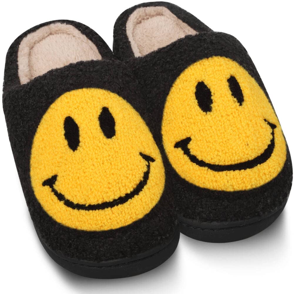Smiley Face Slippers - Retro Soft Plush Lightweight House Shoes for Men & Women | Cozy Slip-On Indoor/Outdoor Slippers for Home, Dorm, Spa & Travel
