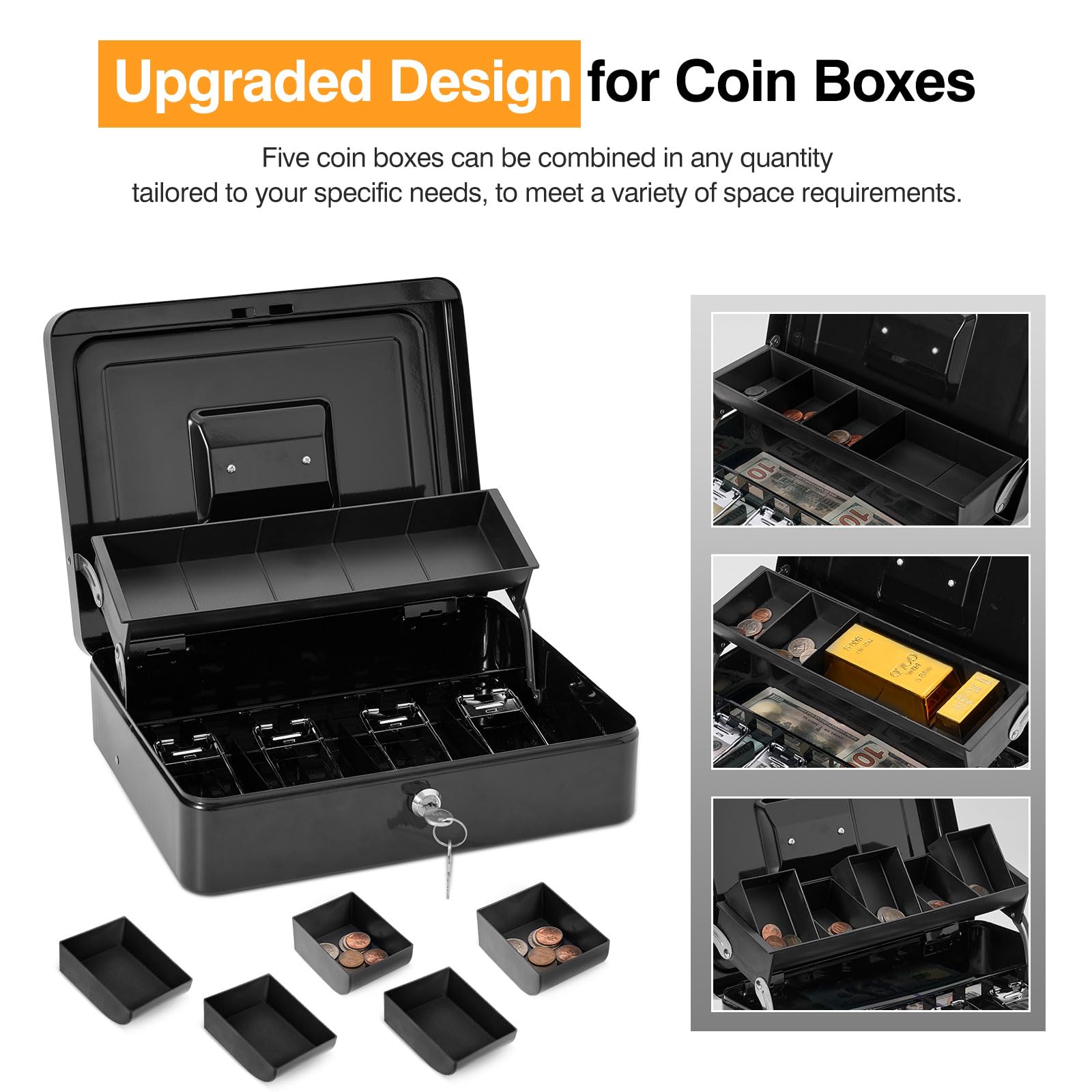 Secure Locking Metal Cash Box with Key & Carry Bag - 4 Bill & 5 Coin Slots, Money Tray, Durable Cantilever Design - Ideal for Home, Office, Retail Stores & Small Business Cash Management