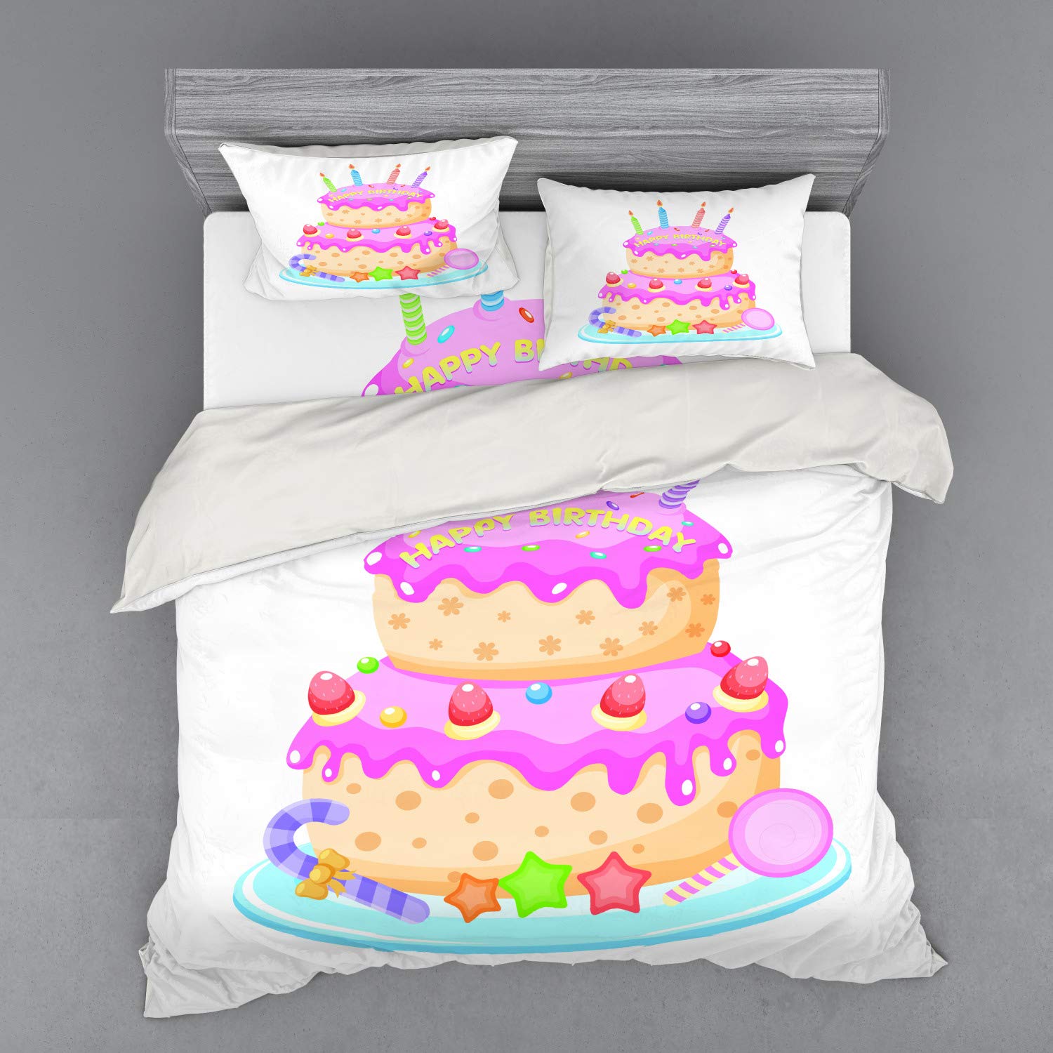 Ambesonne Birthday Party Bedding Set - King Size 4-Piece Duvet Cover Set with Shams & Fitted Sheet, Pastel Cake with Candles & Candies Design in Pale Pink | Perfect for Birthday Celebrations, Kids Room Decor & Themed Bedroom Makeovers