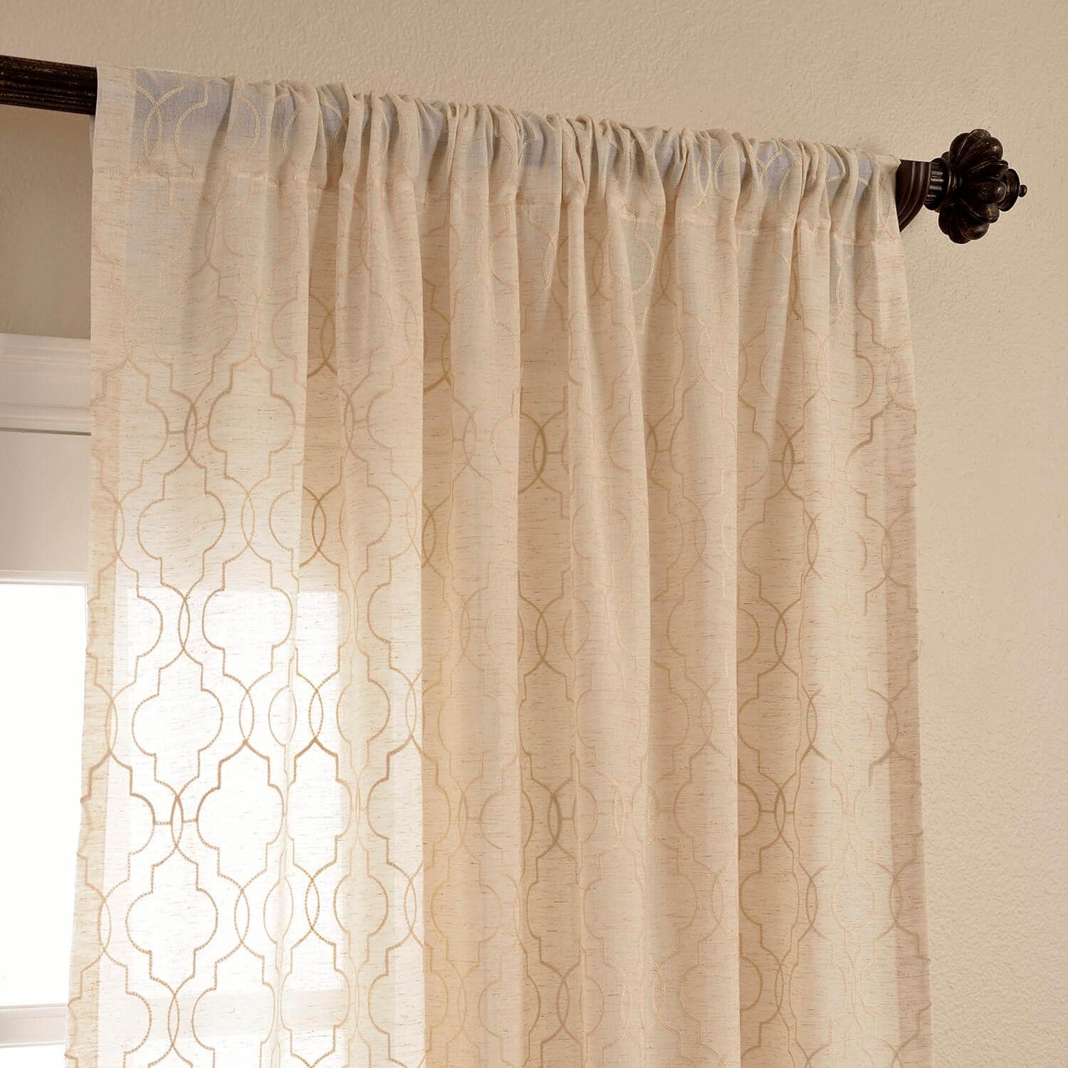 Saida Natural Embroidered Geometric Pattern Faux Linen Sheer Curtains - Elegant Window Treatment for Living Room, Bedroom & Dining Room