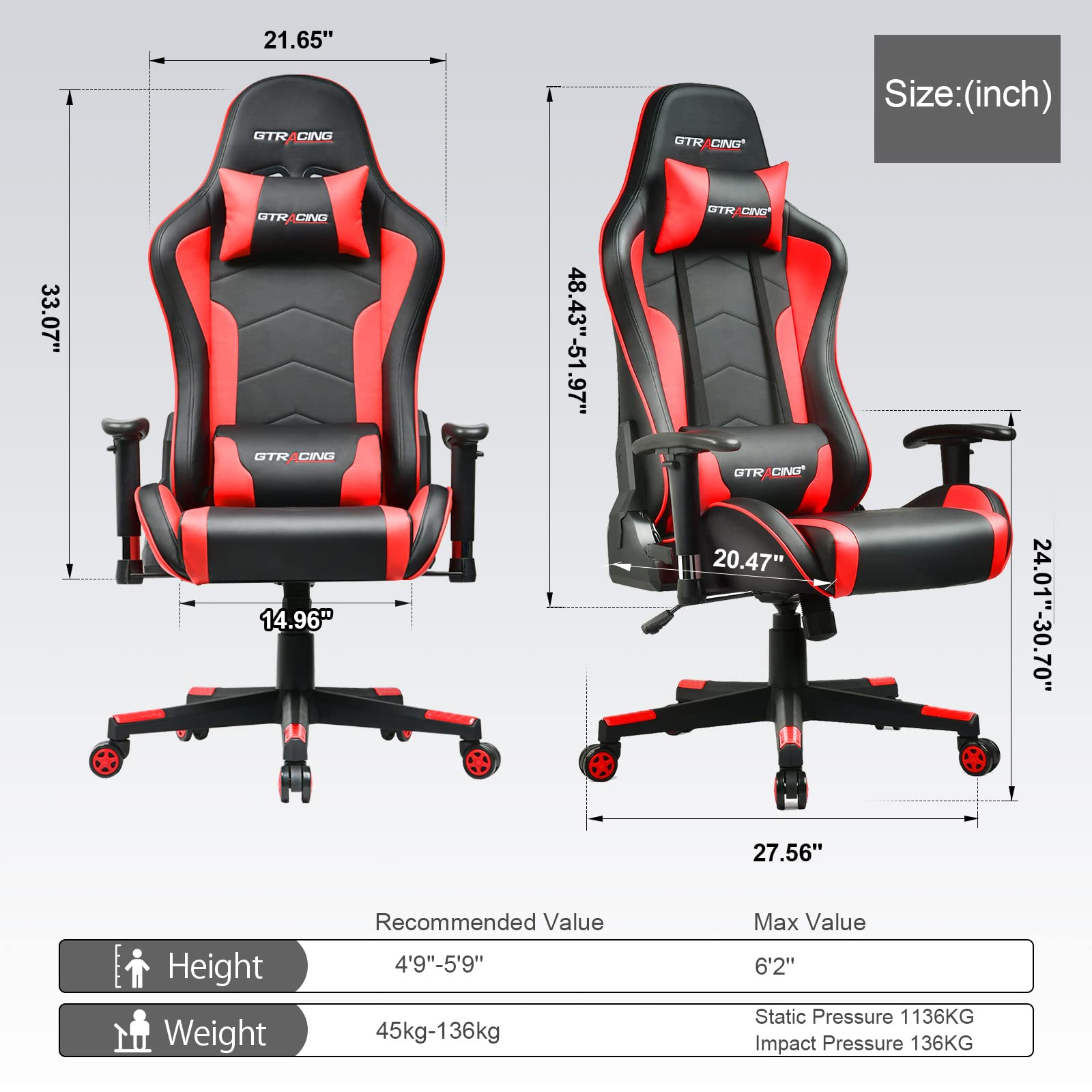 GTRACING Bluetooth Gaming Chair with Built-in Speakers - Ergonomic Video Game & Office Computer Desk Chair - Heavy Duty Red Gaming Chair for Home & Office Use