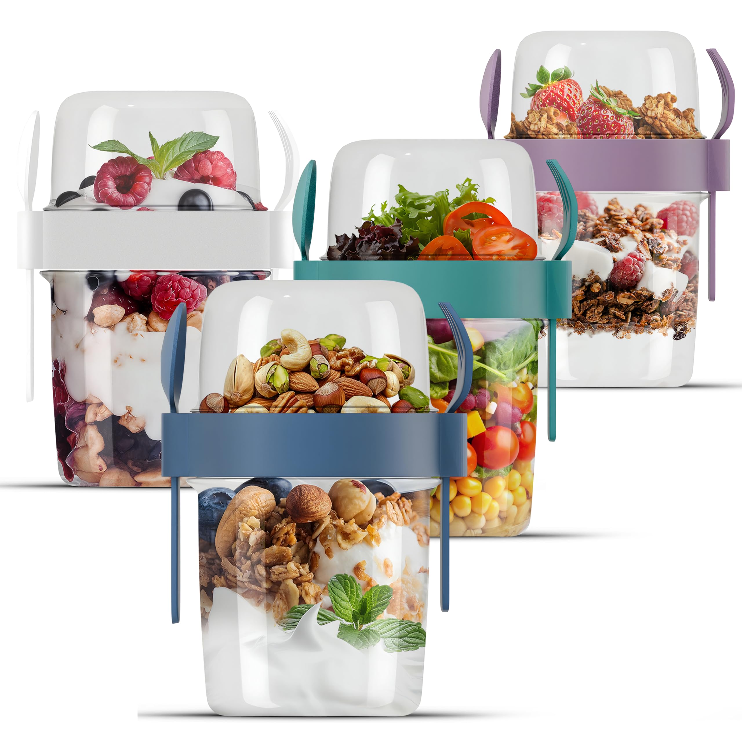 4-Pack Reusable Yogurt Parfait Cups with Lids & Spoons - 22oz (650ml) Portable Breakfast Containers for Oatmeal, Fruit & Toppings - Perfect for Meal Prep, Office Lunch & On-the-Go Snacks - BPA-Free Plastic Food Storage Containers