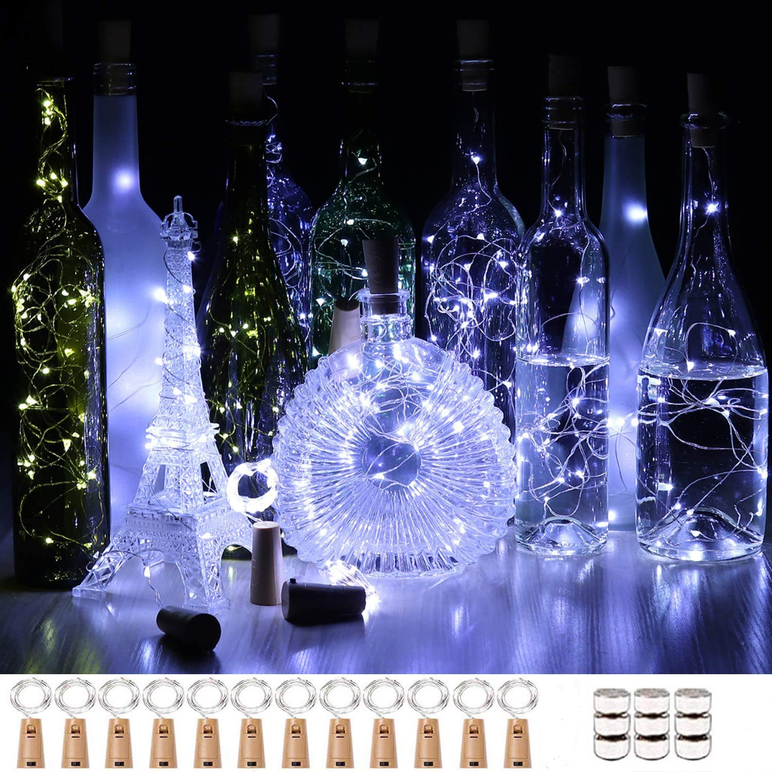 Unihoh 12 Pack Wine Bottle Fairy Lights with Cork - 2M 20 LEDs Battery Operated Copper Wire String Lights for DIY Party, Christmas, Wedding Decorations | Indoor & Outdoor Use - Cool White | Perfect for Holiday Centerpieces, Table Settings, and Romantic Ambiance