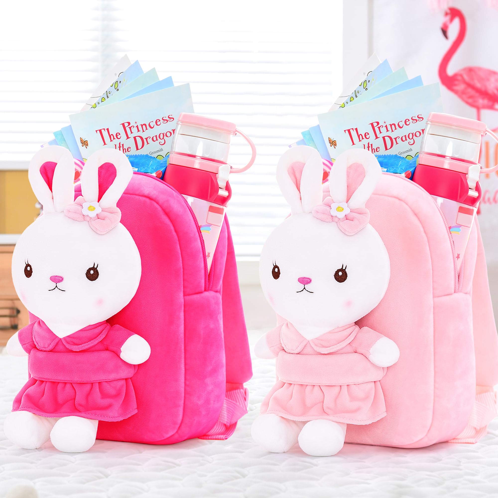 Cute Bunny Plush Toy Toddler Backpack for Girls - Rose Red 9 Inch Kids School Bag with Stuffed Animal, Perfect for Preschool, Daycare & Travel Accessories