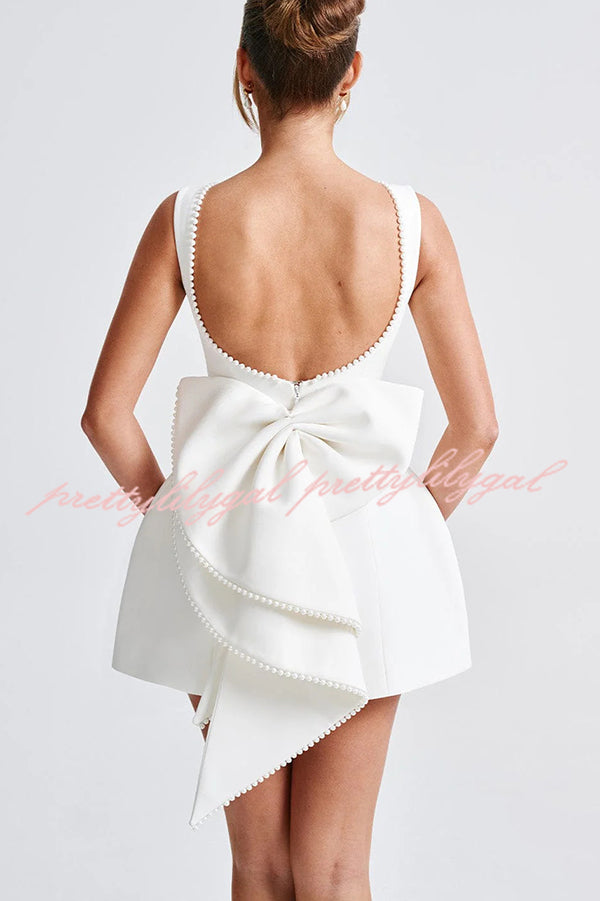 Elegant Pearl Embellished Large Bow Slim Fit Mini Dress for Women - Perfect for Parties, Weddings & Special Occasions