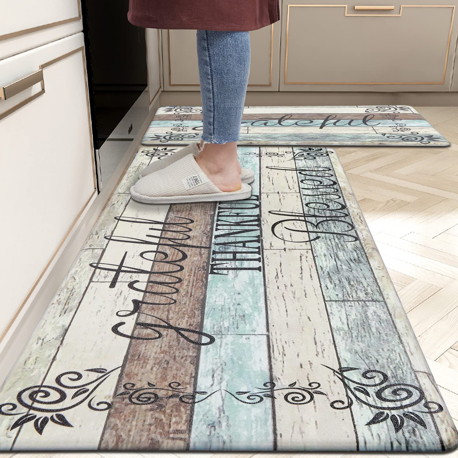 HEBE Anti-Fatigue Kitchen Mat Set of 2 - Non-Slip Cushioned Floor Mats for Standing, Waterproof & Comfortable - Ideal for Kitchen Sink, Office Desk, Laundry Room, and Standing Workstations