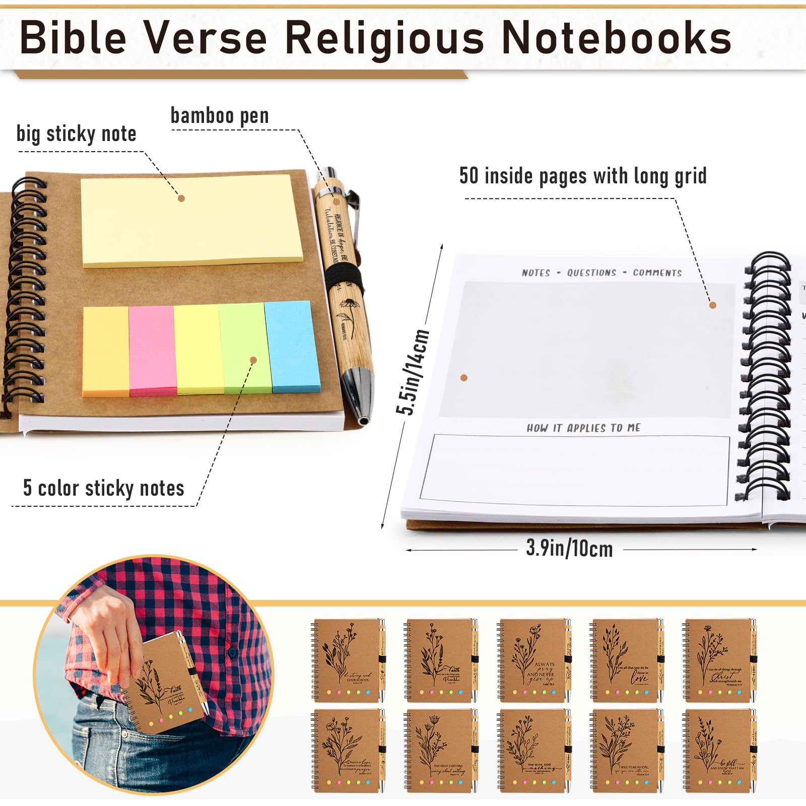 10-Pack Christian Prayer Journals with Bible Verses, Sticky Notes & Pens - Aesthetic Spiral Notebooks for Women, Sunday School, Bible Study & Mother's Day Church Gifts (Floral Design, Study Page Style) | Perfect for Daily Devotionals, Scripture Writing & Religious Note-Taking