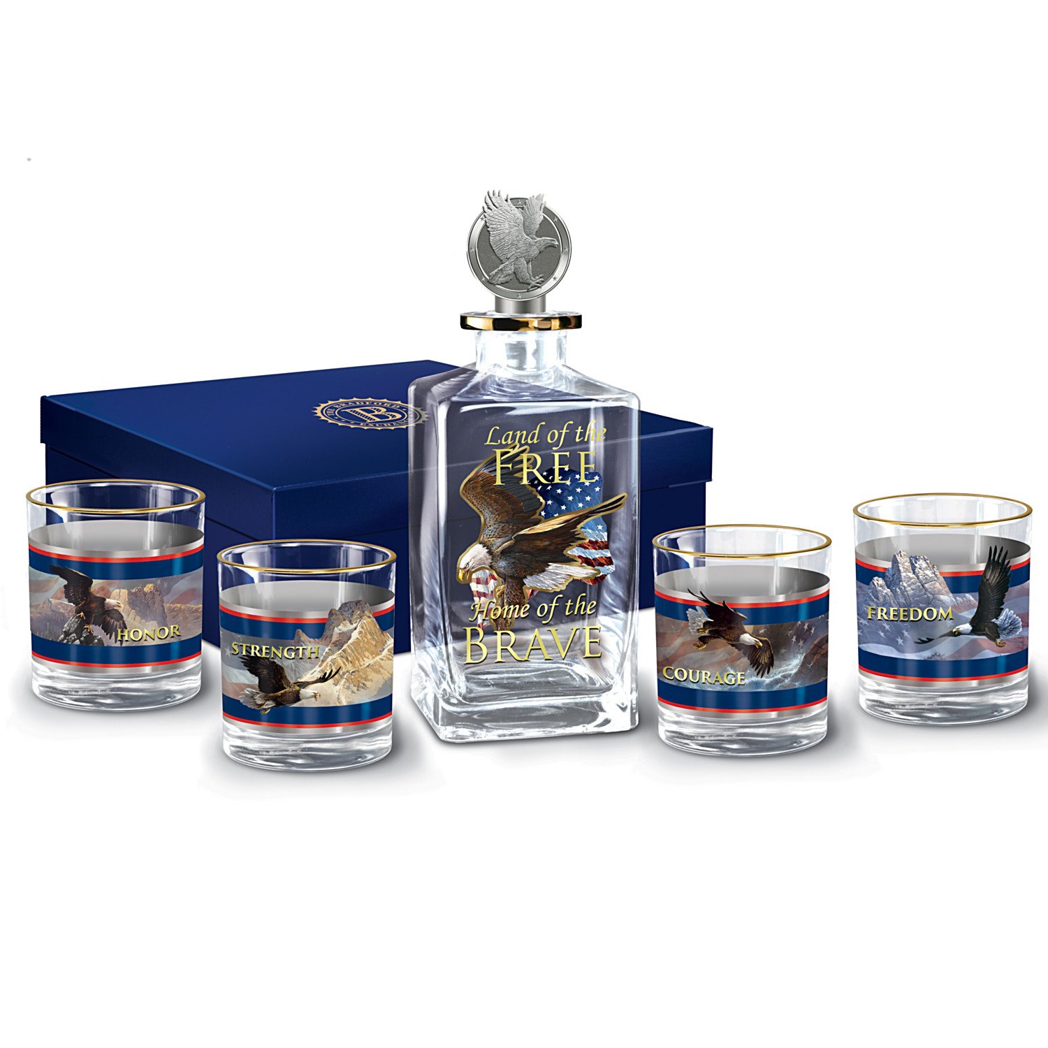 Patriotic 5-Piece Glass Decanter Set with Eagle Art by Ted Blaylock - Elegant Whiskey Decanter Gift Set with Display Box - Perfect for Home Bar, Man Cave & Bourbon Lovers