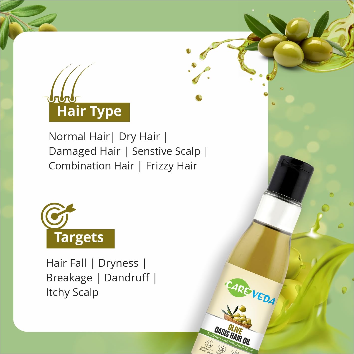 CareVeda Olive Oasis Hair Oil with Bakuchi & Til Oil - 100% Natural Hair Treatment for All Hair Types - 100ml (Pack of 3) - Promotes Hair Growth, Reduces Frizz & Adds Shine - Perfect for Daily Hair Care & Scalp Massage