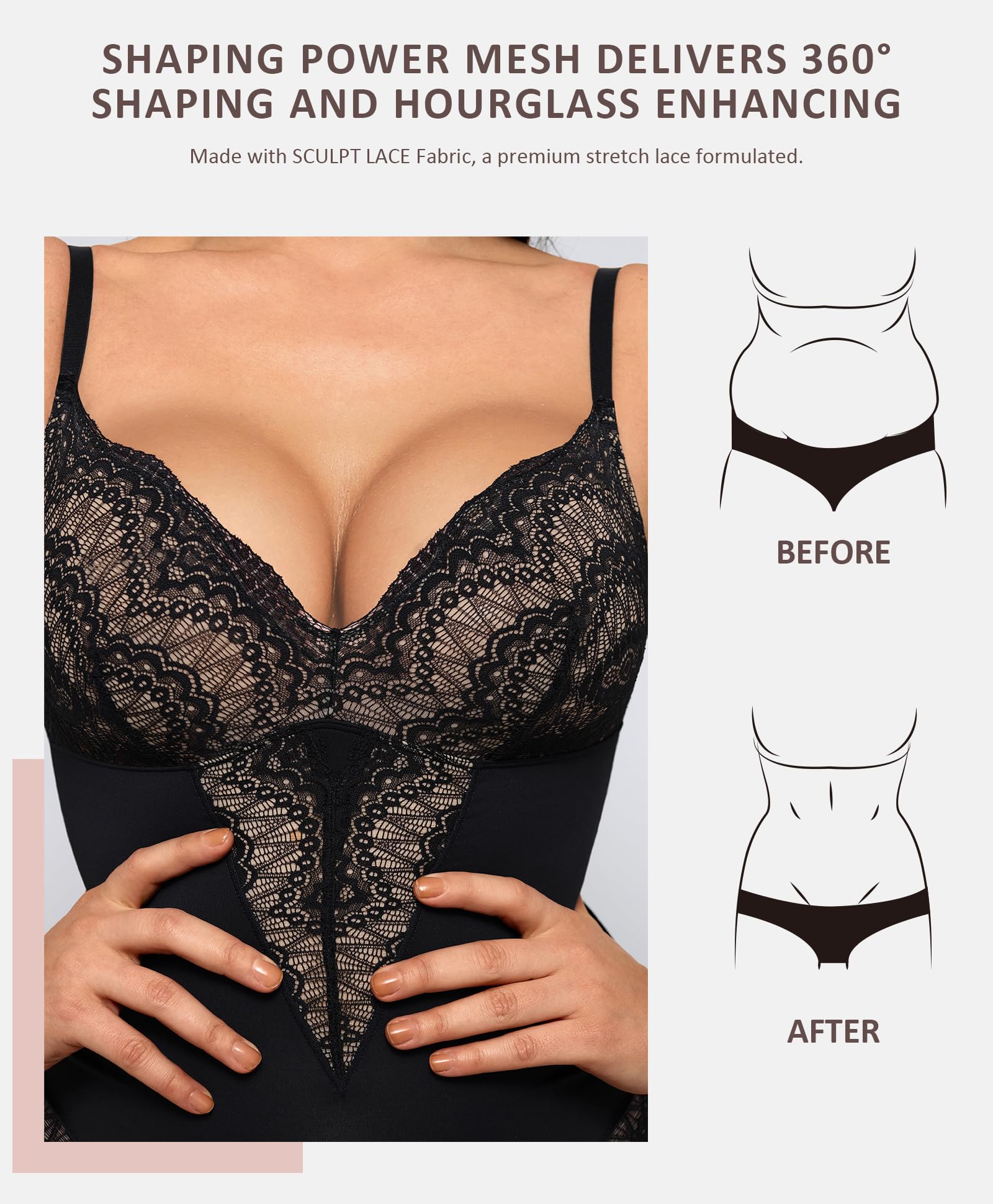 FeelinGirl Women's Lace Bodysuit - Tummy Control Shapewear with V-Neck & Thong | Corset Slimming Bodysuit for Everyday Wear & Special Occasions