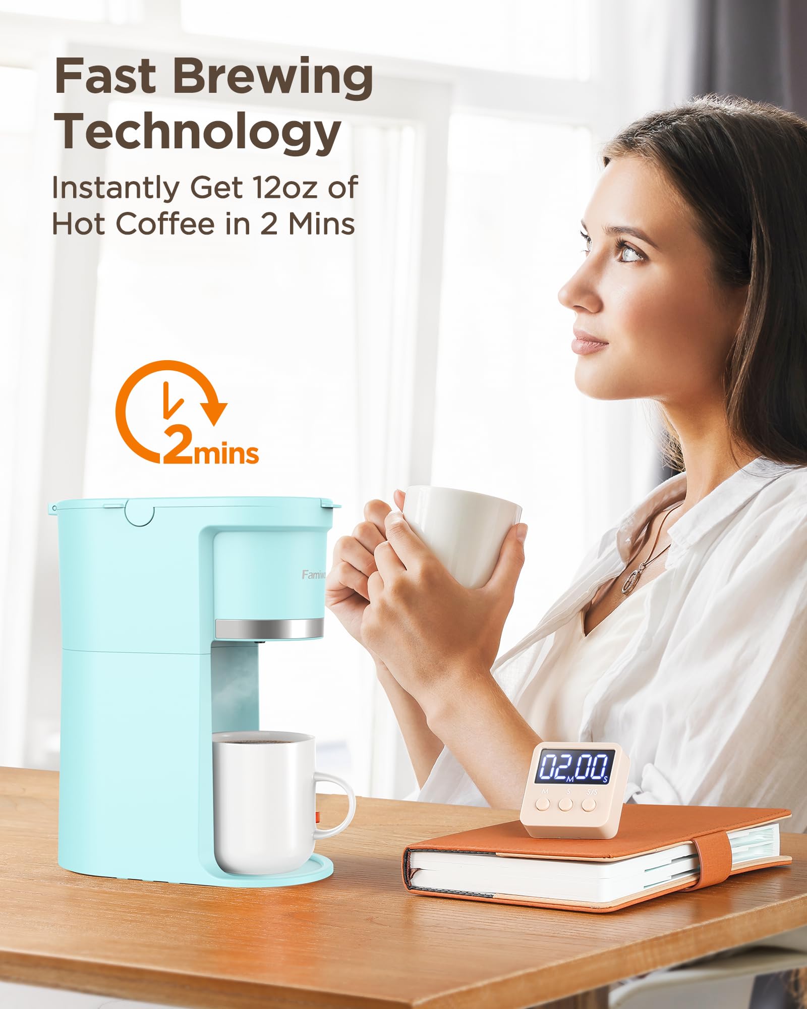 Famiworths Mini Single Serve Coffee Maker for K-Cup & Ground Coffee - 6 to 12 Oz Brew Sizes, Compact Capsule Coffee Machine with Water Window & Descaling Reminder - Perfect for Home, Office, Dorm & Travel (Teal Green)