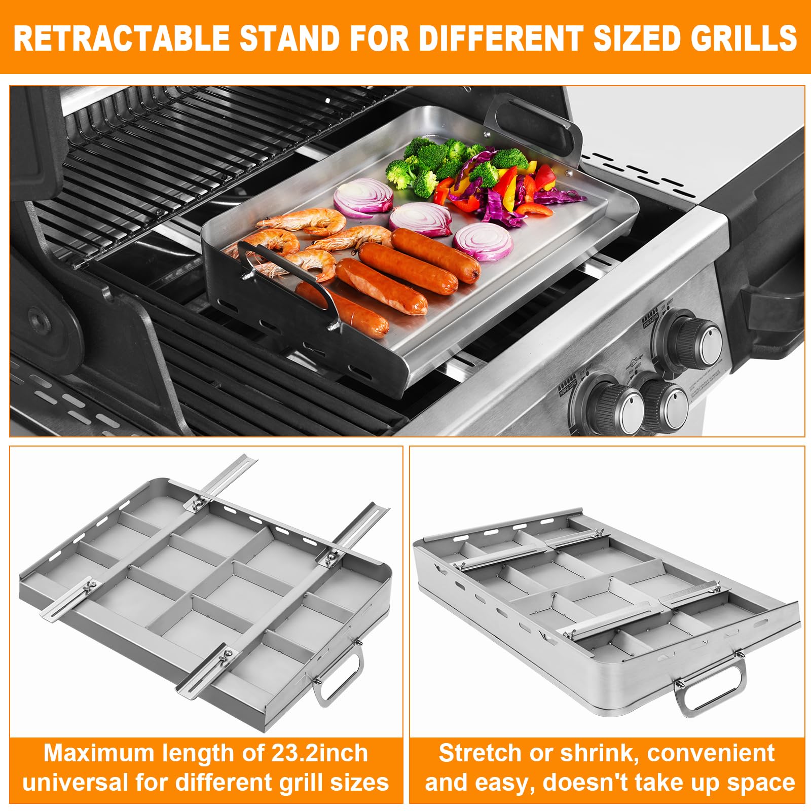 JiRiCHMi Stainless Steel Griddle for Gas Grill - Flat Top Grill for Stove with Removable Grease Tray & Retractable Stand - Perfect for Outdoor Cooking, Camping, BBQs, and Backyard Grilling - Fits Various Grill Sizes