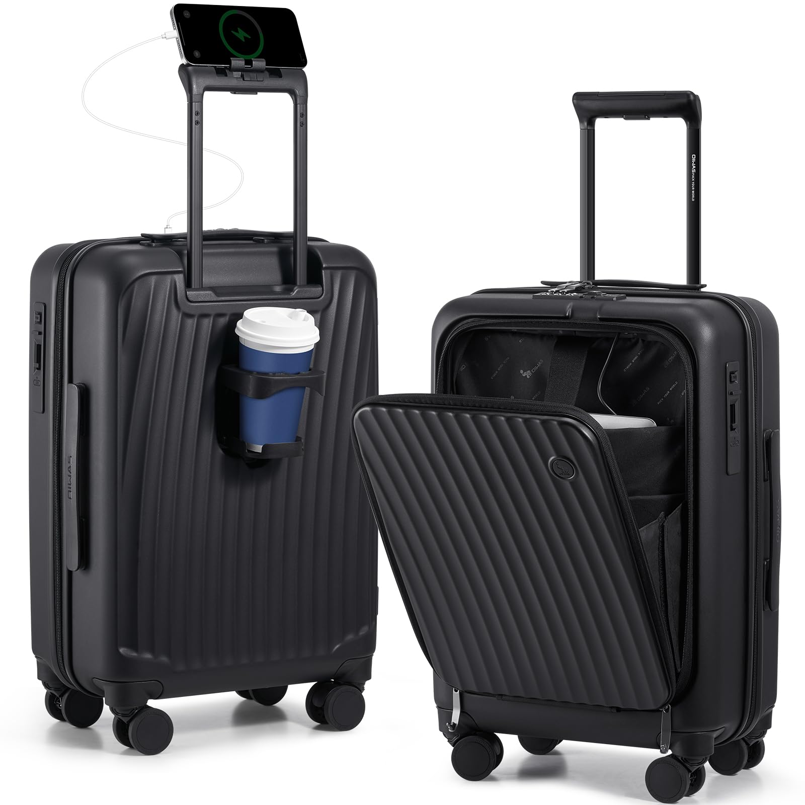 OIWAS 20 Inch Carry On Luggage - Airline Approved Hardshell Suitcase with Front Pocket, Phone Holder, Cup Holder, USB Charging Port & TSA Locks | Lightweight Cabin Luggage with Smooth Brake Wheels (Black) - Perfect for Business Travel, Weekend Getaways & Airplane Carry-On