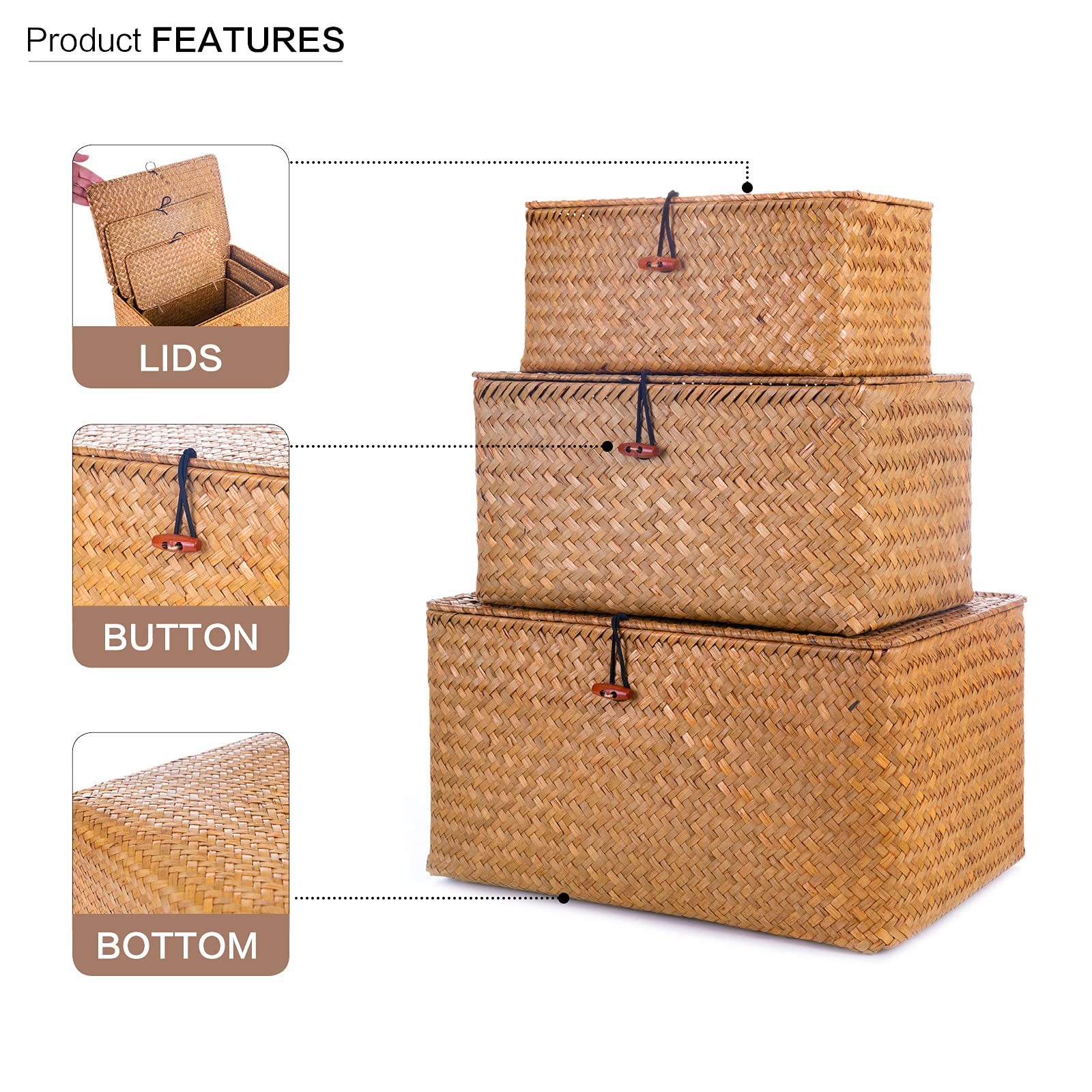 Decorative Wicker Storage Bins with Lids - Set of 3 Stackable Woven Seagrass Baskets (Large, Medium, Small) for Kids Toys, Shelves, Bathroom & Bedroom Organization - Perfect for Home, Nursery & Closet Storage Solutions