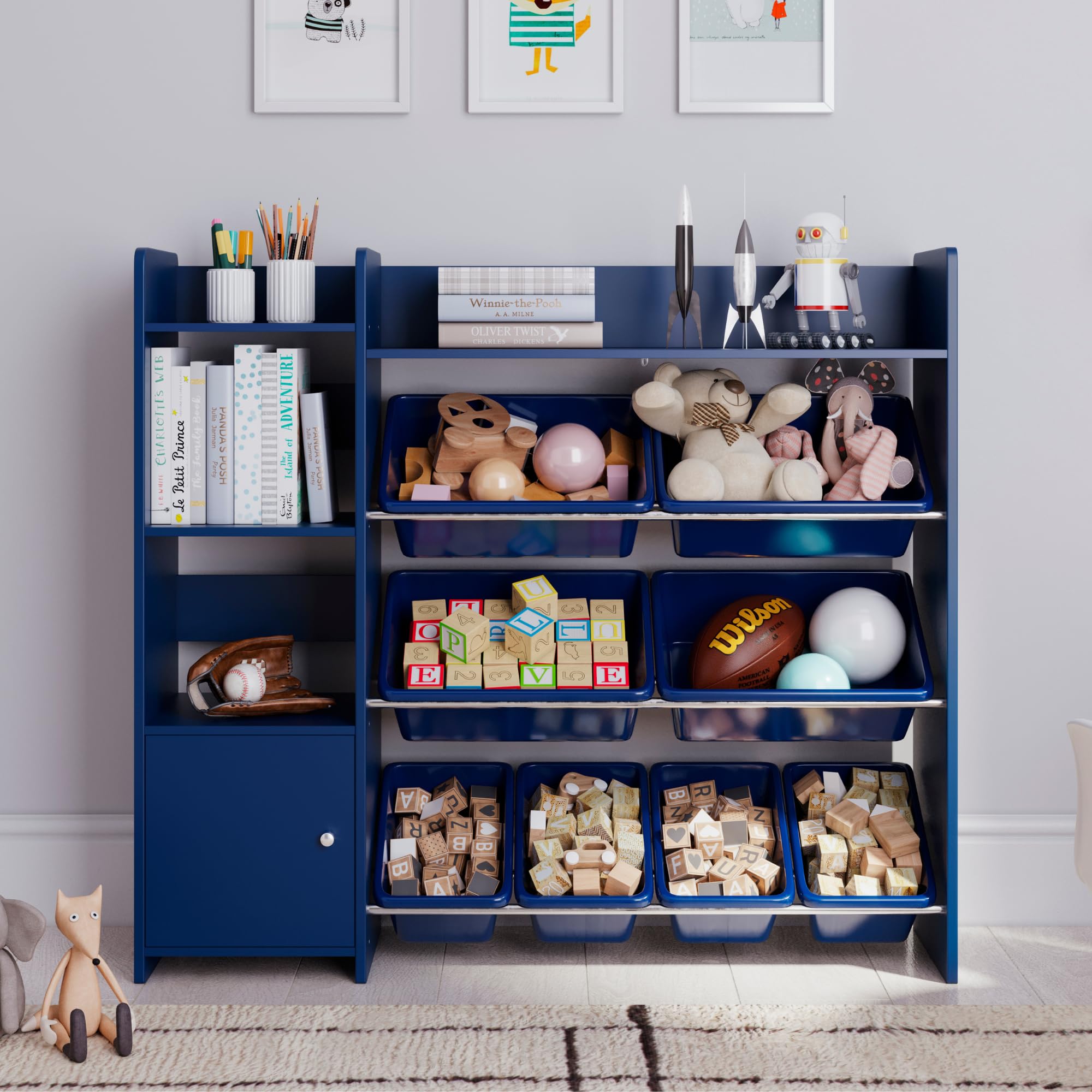 Kids Toy Storage Organizer with Bookshelf - Playroom Organization Shelving Unit with Removable Bins & Anti-Tip Bracket - Blue - Perfect for Bedroom, Nursery, and Classroom Organization