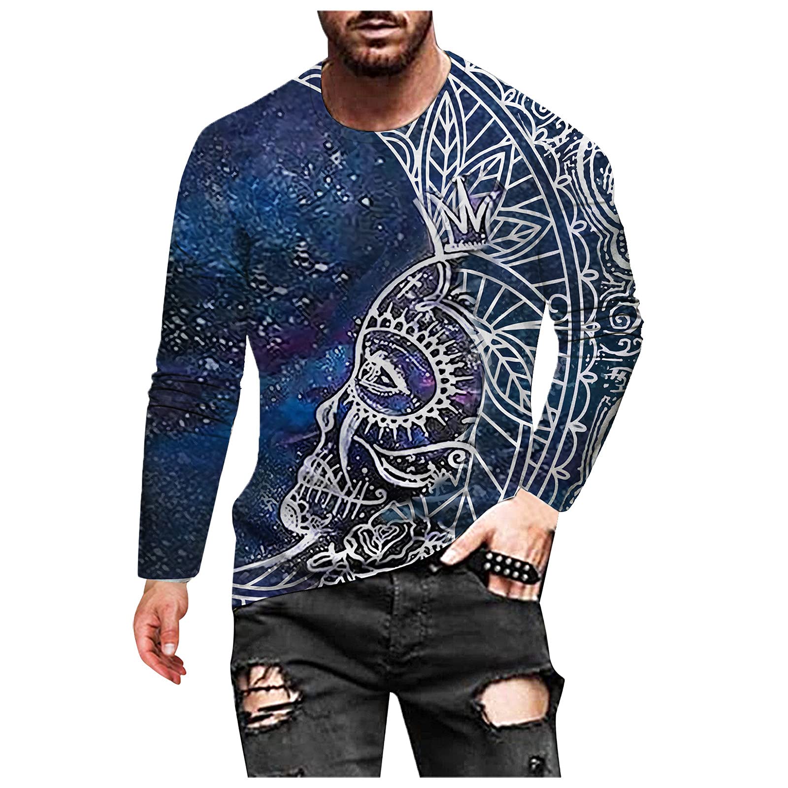 ZHDD Men's Long Sleeve T-Shirt - Vintage Abstract Art Print Crewneck Tee for Fall Streetwear & Workout | Casual Wear, Gym, Outdoor Activities