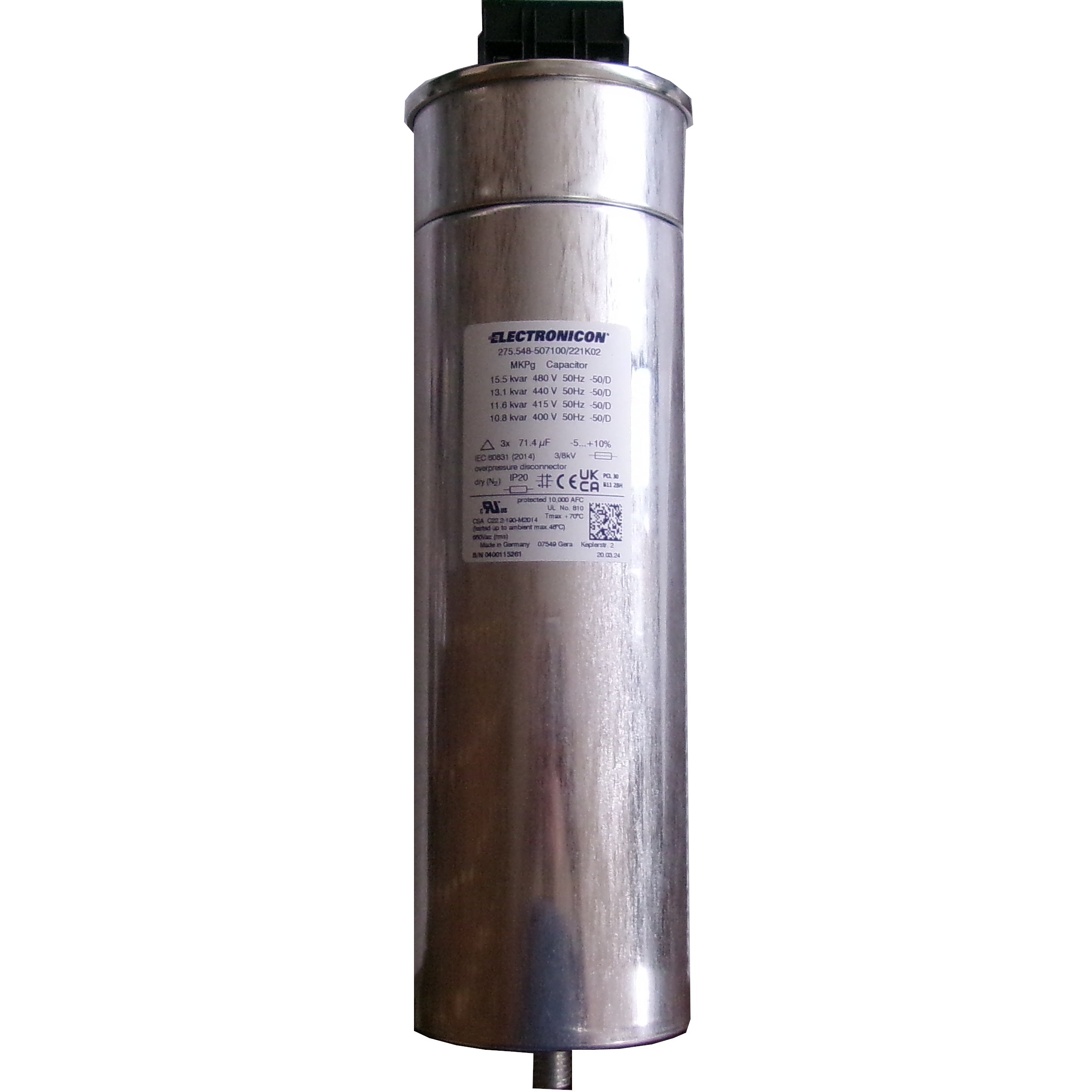 15.5kVar 480V 50Hz 3-Phase Power Factor Correction Capacitor - 75x245(+25)mm Gas Filled, 3x71.4uF, with 100kOhm Discharge Resistors - Replacement for Frako LKT 15.5 480 DPS/DP - Ideal for Industrial Electrical Systems, Motor Loads, and Energy Efficiency Applications