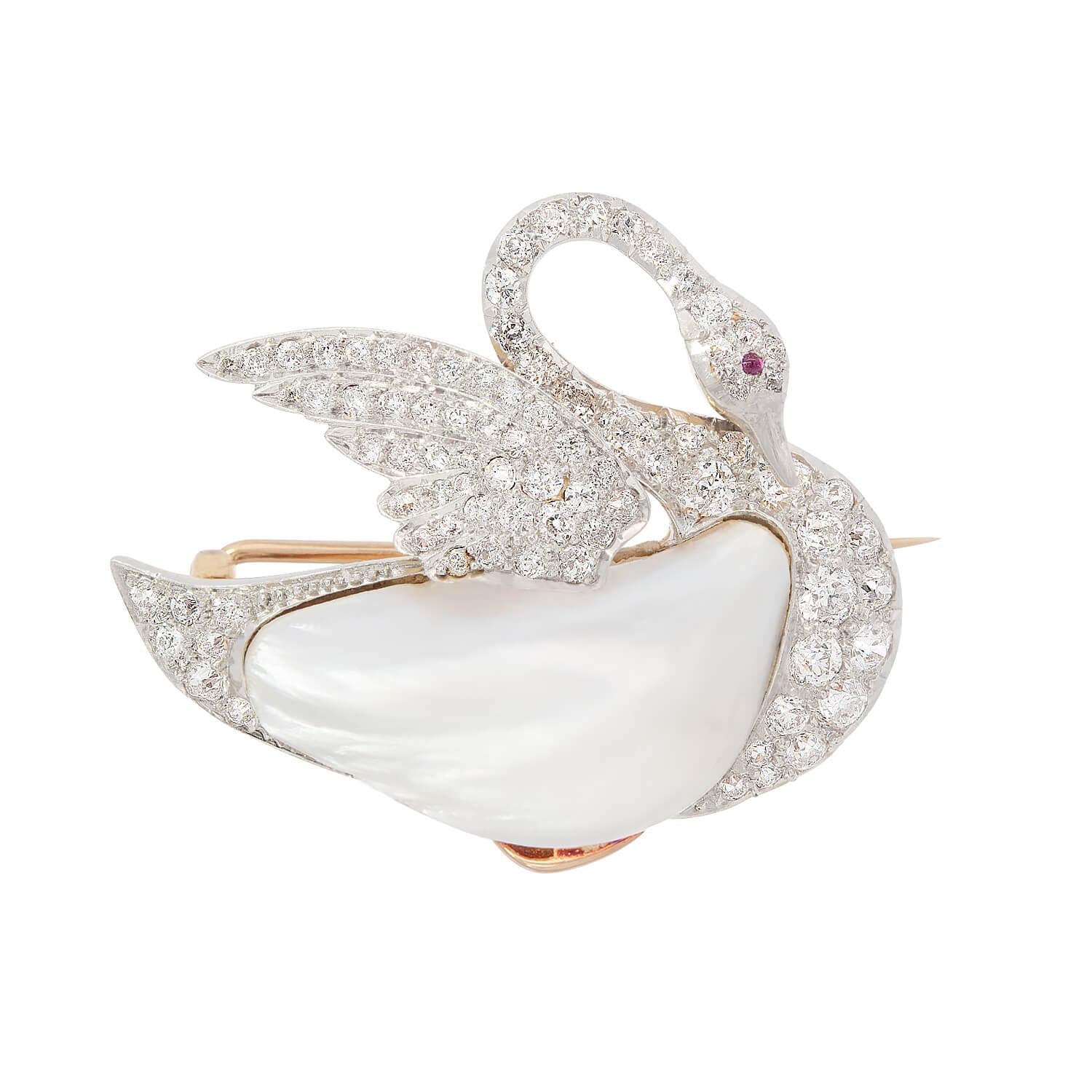 Antique Edwardian 18k Gold & Platinum Diamond Pearl Ruby Swan Brooch Pin - Vintage Jewelry for Women, Gift for Her, Bridal Accessories, Formal Events