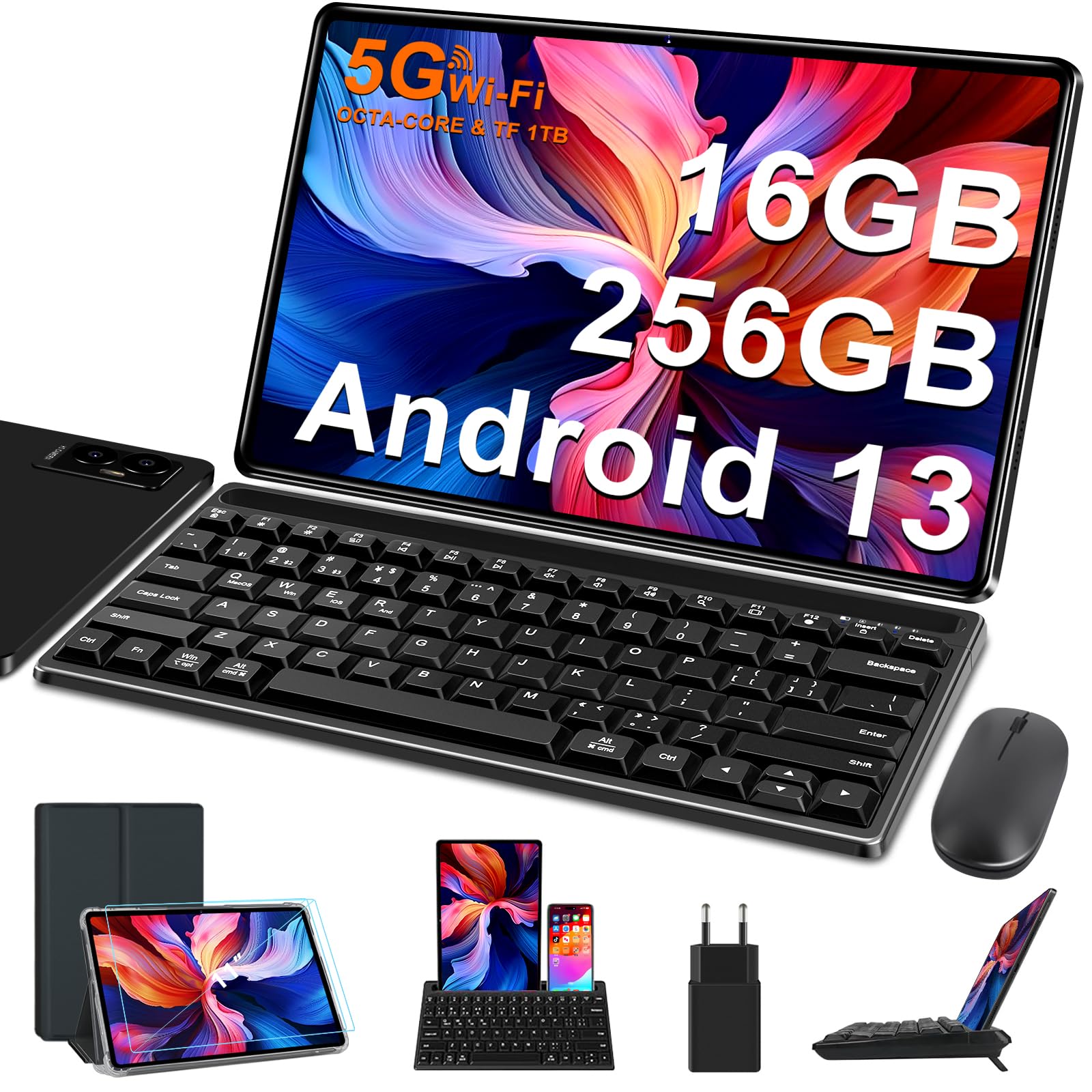 FACETEL 13 Inch Android Tablet with Keyboard & Mouse - 16GB RAM 256GB ROM (Expandable to 1TB), 2K FHD Display, Octa-Core Processor, 8600mAh Battery, Dual Camera - Perfect for Work, Study & Entertainment (Black)