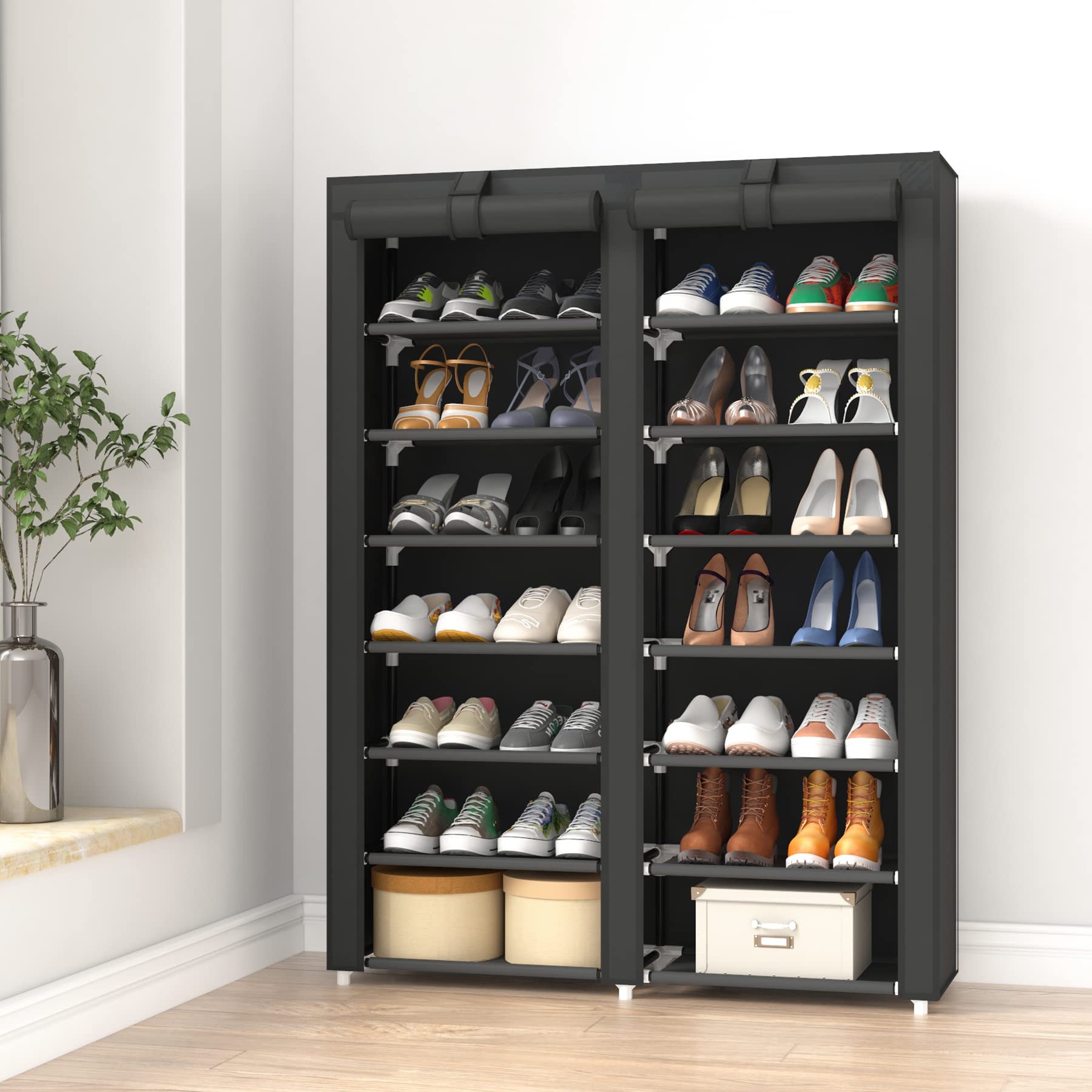 JIUYOTREE 7-Tier Shoe Rack Organizer - Large Capacity Double Row Shoe Storage Cabinet with Non-Woven Fabric Cover - Space Saving Closet Shelf for Entryway, Bedroom & Dorm Organization (Black)