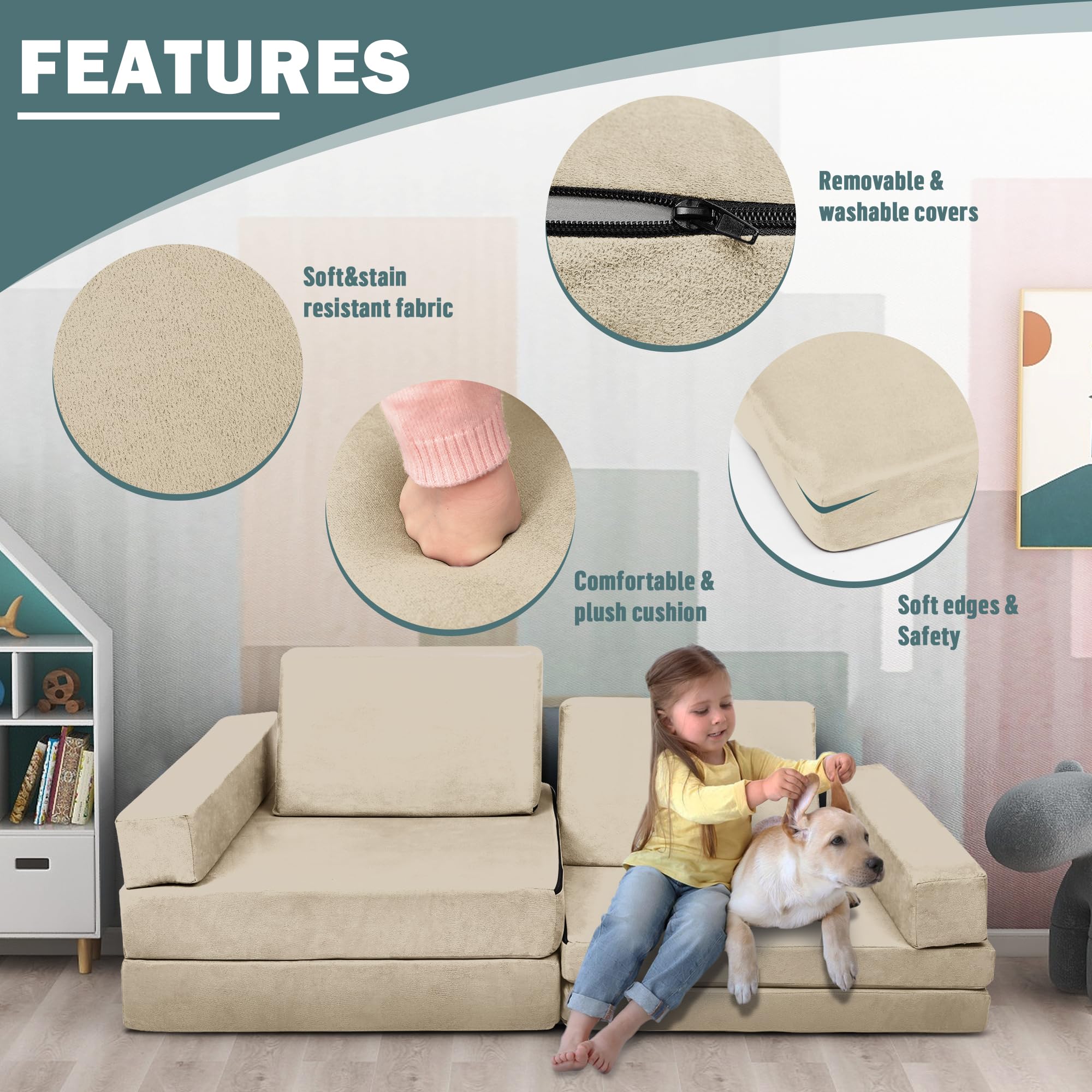 **Modular Kids Play Couch - Medium Size Convertible Foam Cushion Sofa for Boys & Girls | Square Armrest, Beige | Build Forts, Playroom Fun & Indoor Adventure**