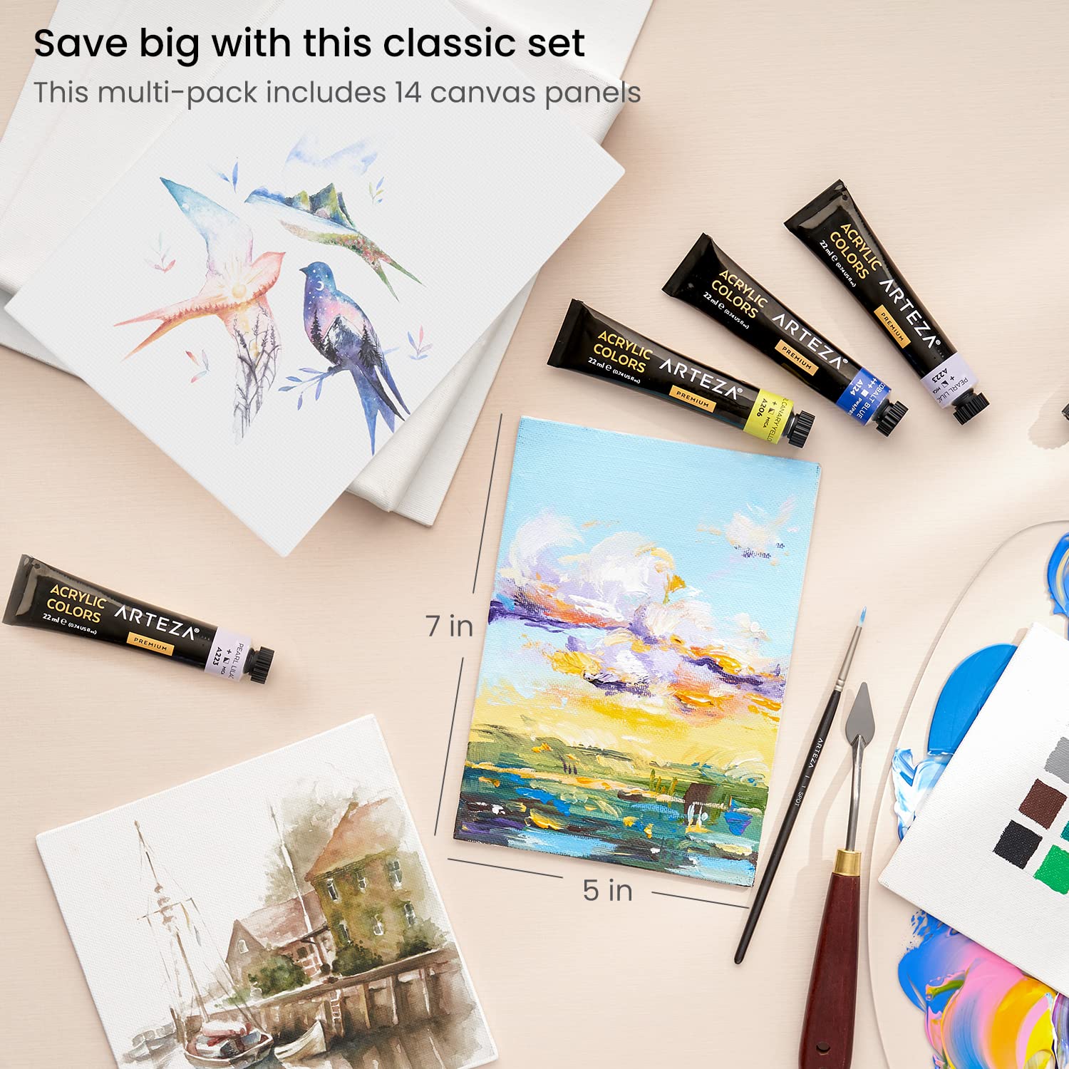 ARTEZA 5x7 Inch Blank White Canvas Boards for Acrylic, Oil & Gouache Painting - Pack of 14 Small Canvas Panels - Perfect for Artists, Beginners & DIY Home Decor Projects