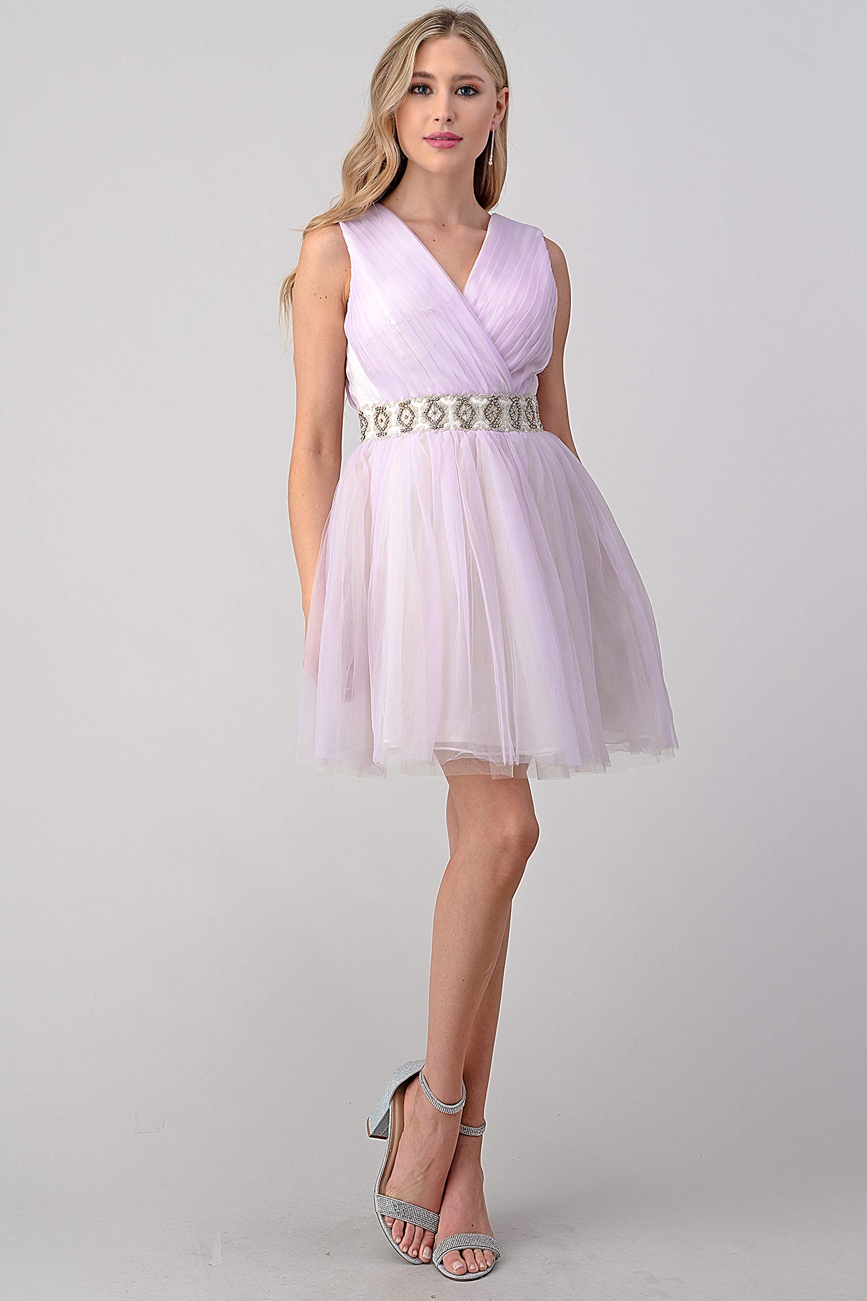 Elegant Women's Short Two-Tone Tulle Dress with Crystal Waistband - Perfect for Cocktail Parties, Weddings & Special Occasions