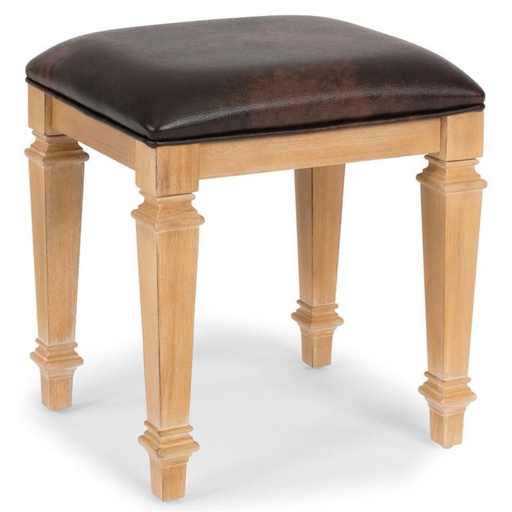 BOWERY HILL Traditional Brown Wood Vanity Bench with Upholstered Seat - Perfect for Bedroom, Dressing Table, and Makeup Area - Solid Wood Vanity Stool for Women