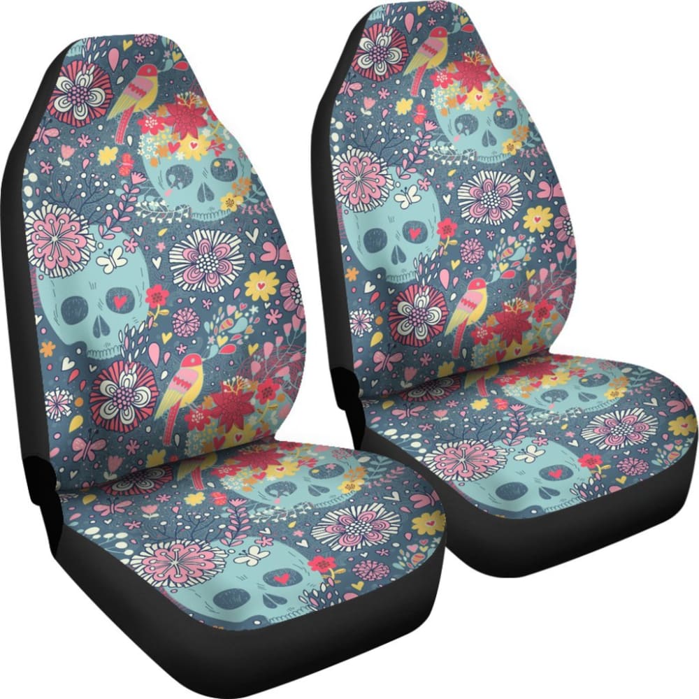 2 Pcs Floral Sugar Skull Car Seat Covers - Day of The Dead Mexican Style Decor for Cars, Trucks & SUVs - Perfect for Halloween, Dia de Los Muertos Celebrations and Gothic Home Decor