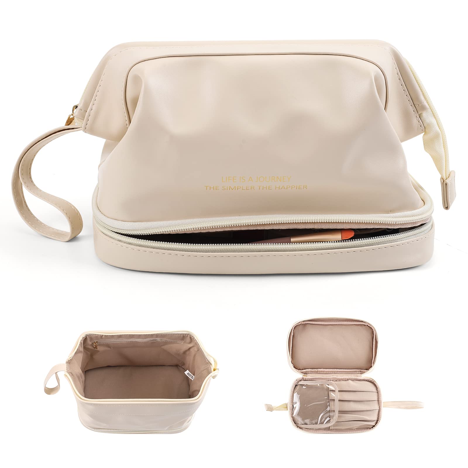 Premium Leather Cosmetic Travel Bag for Women - Double Layer Large Makeup Organizer with Waterproof Toiletry Pouch | Perfect for Vacation, Business Trips & Gym Essentials (White)