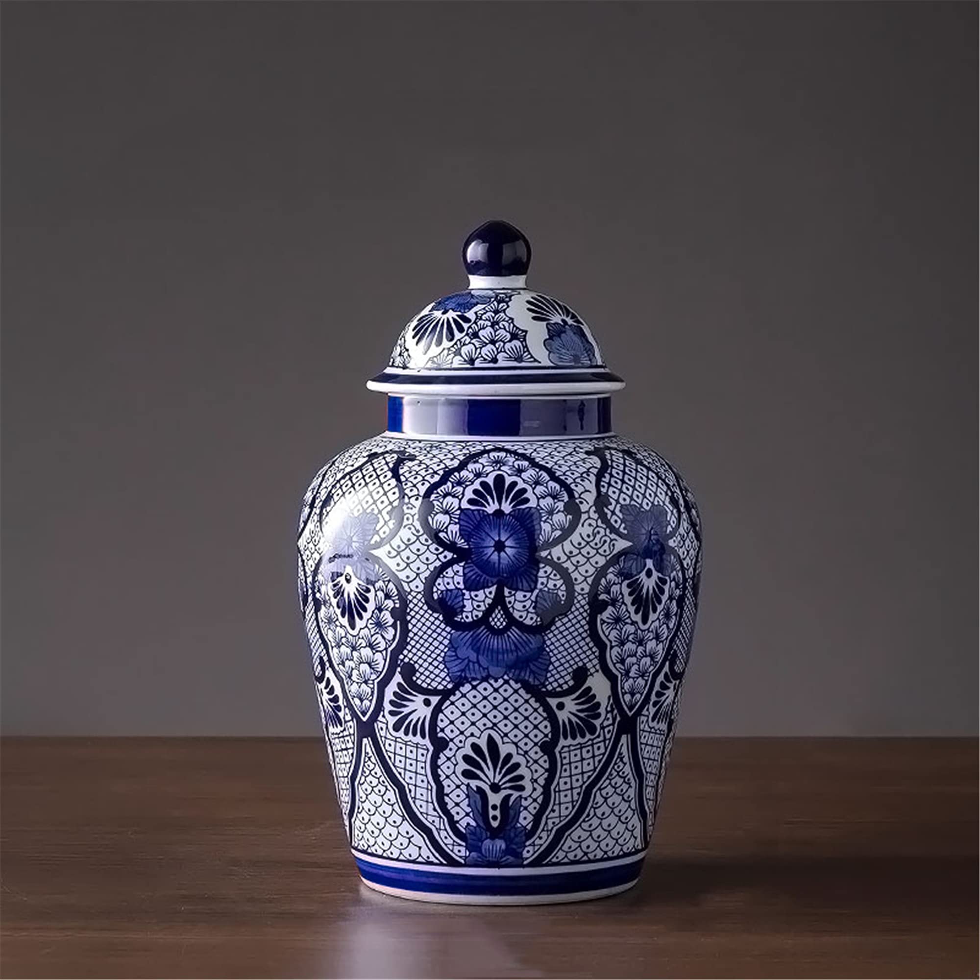 Blue and White Porcelain Ginger Jar Vase with Lid - 14 Inch Chinese Temple Jar for Home Decor, Wedding Centerpiece, and Living Room Accent - Handcrafted Ceramic Decorative Jar