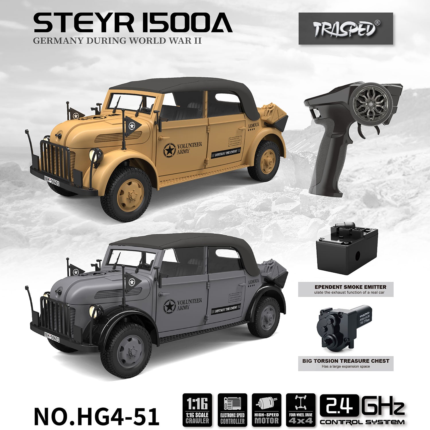 1/18 HG4 51 4x4 RC Command Vehicles - 4WD Off-Road Remote Control Car with Sound, Light & Smoke - Upgraded ESC Servo Motor for Crawling & Racing - Perfect for Outdoor Adventure & Backyard Play
