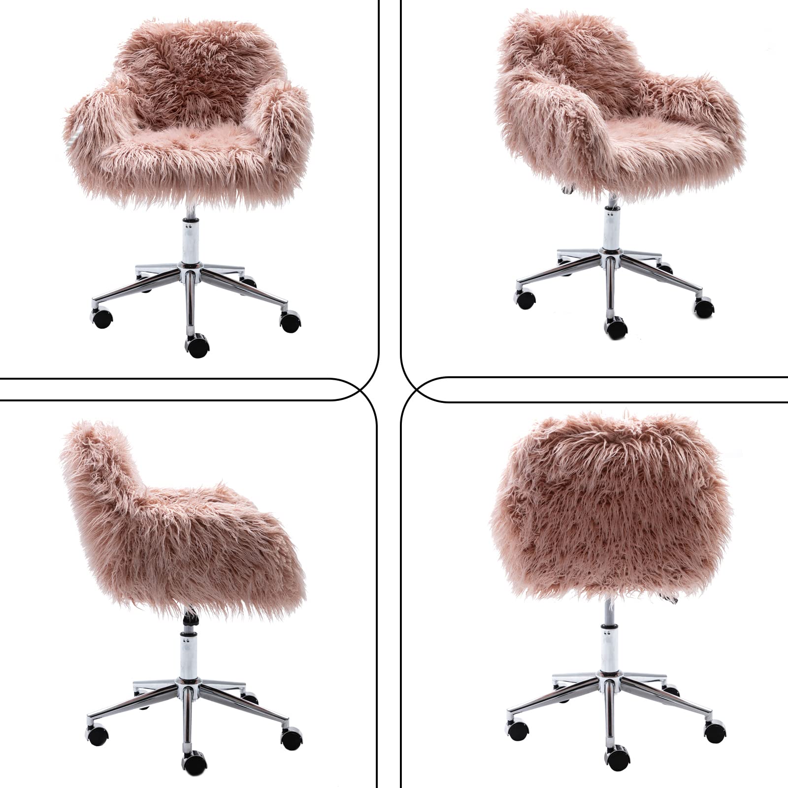 Luxury Faux Fur Swivel Chair with Padded Seat - Modern Adjustable Height Vanity Accent Chair for Living Room, Bedroom & Home Office - Soft Pink Makeup Chair for Women's Dressing Room & Beauty Salon