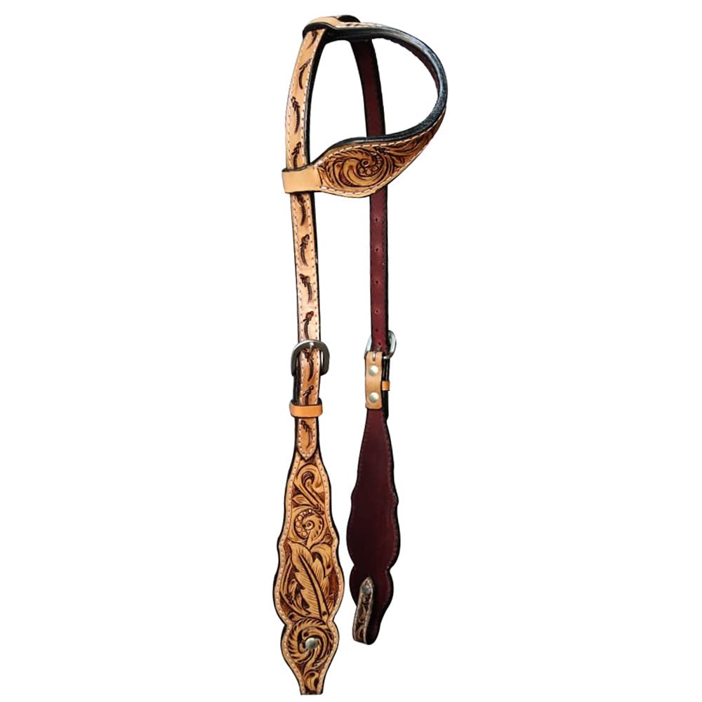 HILASON Western Horse One Ear Headstall - Genuine American Leather Floral Brown Bridle for Trail Riding & Ranch Work | Durable Split Ear Headstall for Horses | Perfect for Western Riding & Training
