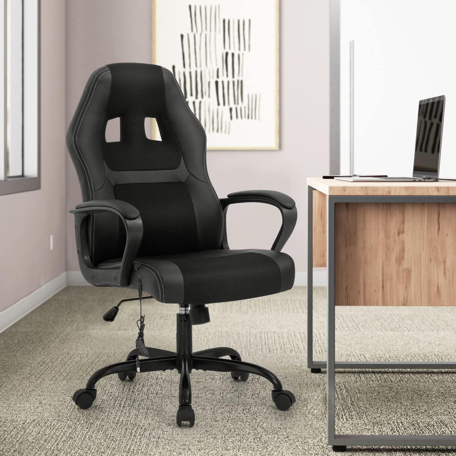 Ergonomic Gaming Chair - PU Leather Office Computer Chair with Adjustable Lumbar Support, Headrest & Massage Function - Swivel Rolling Task Chair for Home Office & Gaming Setup - Black