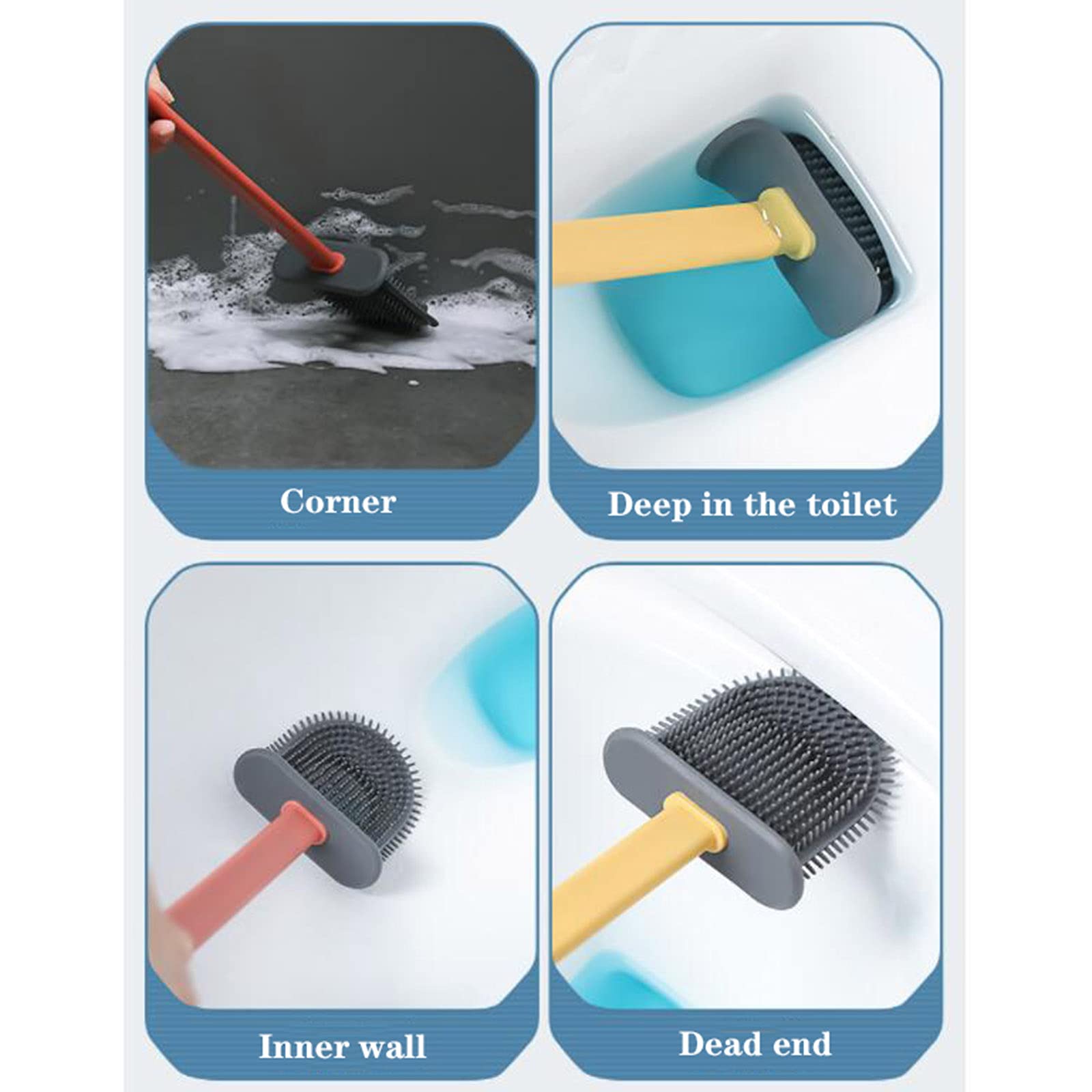 Deep Clean Silicone Toilet Brush Set - No-Slip Long Plastic Handle & Flexible Bristles with Hook - No Drilling Wall Mounted Quick Dry Holder for Bathroom (Gray) - Perfect for Small Spaces & Easy Bathroom Cleaning
